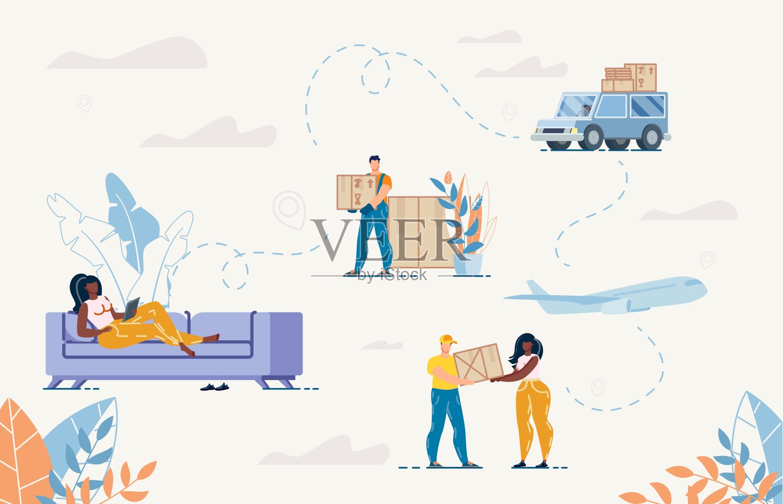 女人购买货物，快递递送包裹套装插画图片素材