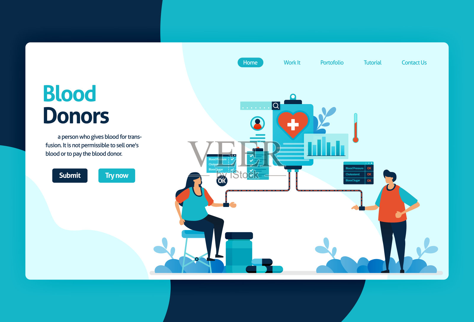 矢量平面插图模板的献血和慈善。6月14日在献血者日，有体检意识，在医院输血。横幅，登陆页，网页，网站，手机应用插画图片素材