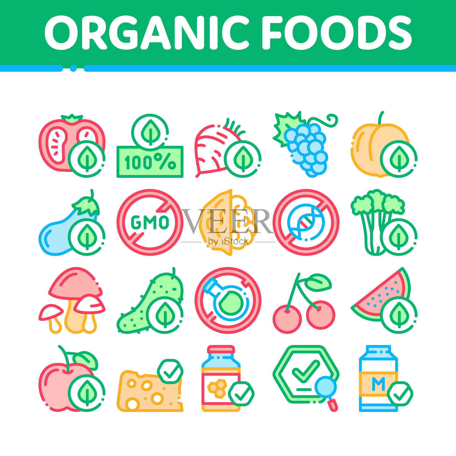 有机生态食品收集图标设置矢量插画图片素材