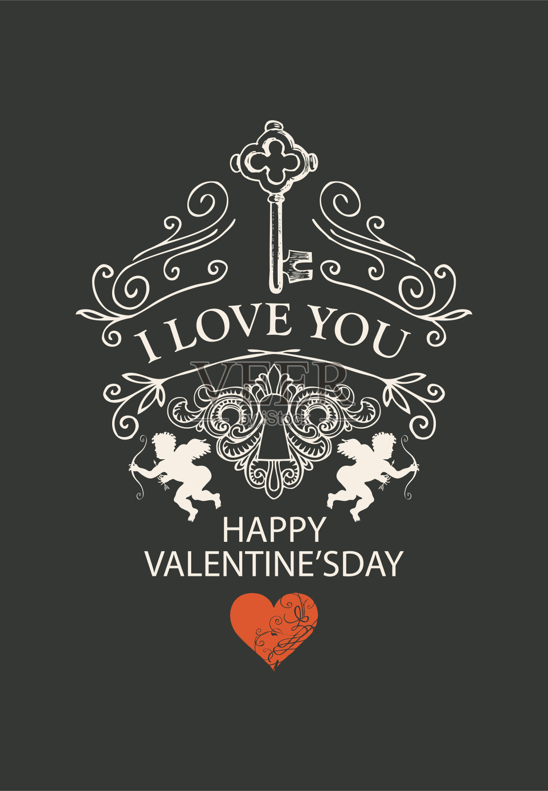 带钥匙，丘比特和心的情人节卡片插画图片素材