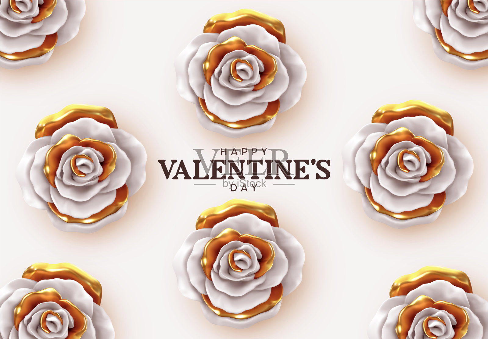 情人节快乐。背景与现实的3d花金属玫瑰，银色和金色的颜色。花蕾的图案。矢量图插画图片素材