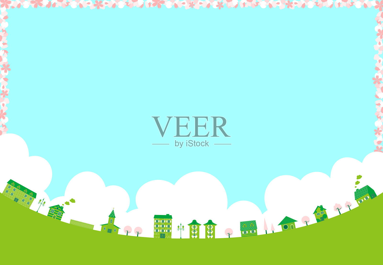 绿化城市的景观，房屋和樱花的框架插画图片素材