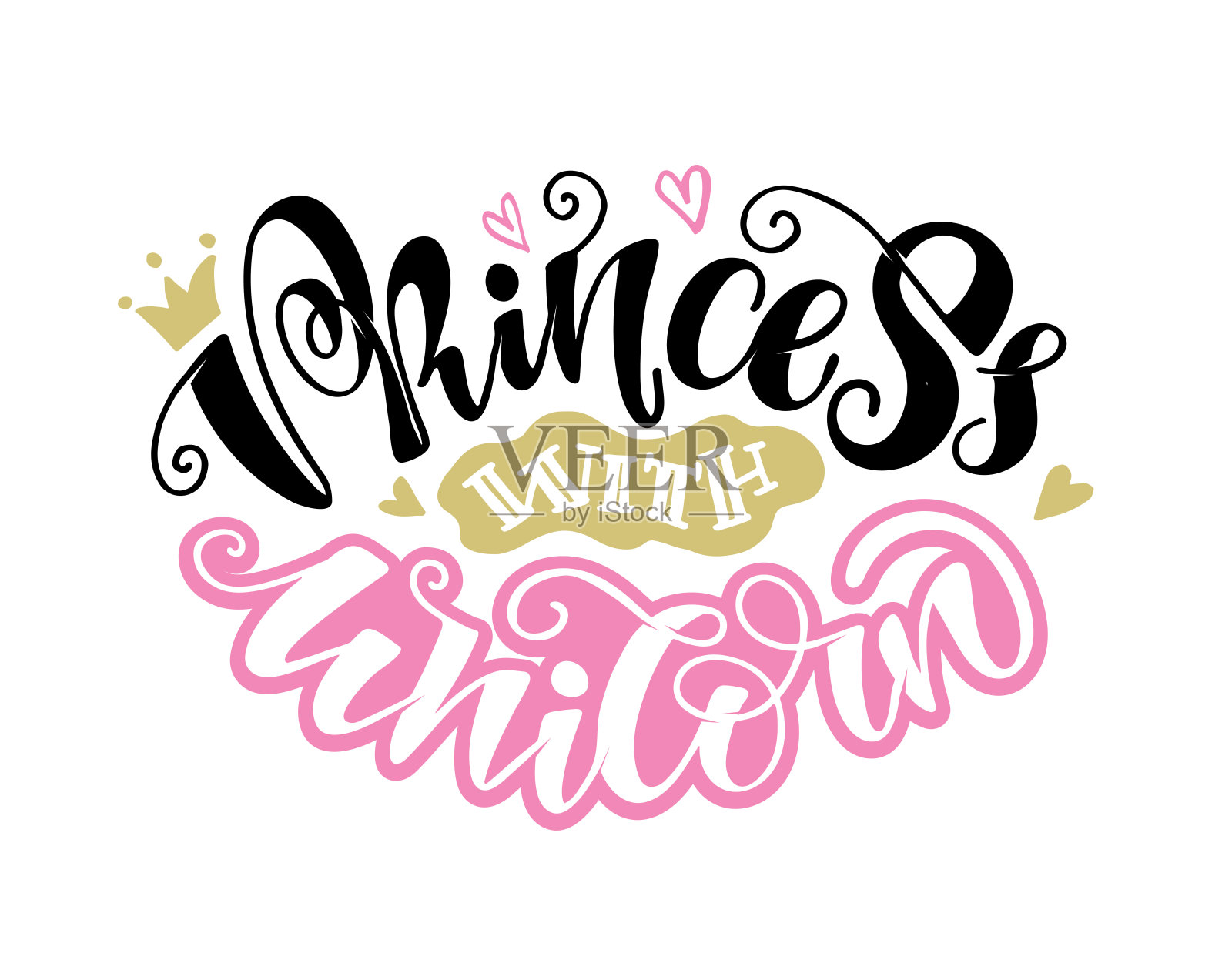 小公主-小王子-与独角兽-可爱的手绘涂鸦字母明信片与可爱的皇冠插画图片素材