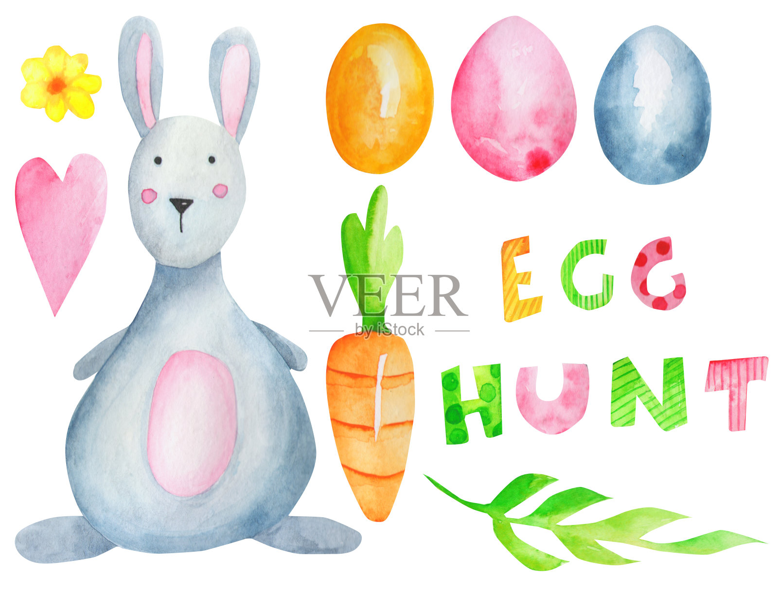 水彩复活节。复活节兔子，鸡蛋，心，花，胡萝卜和字母孤立在白色的背景。贺卡,海报。复活节假期。为你设计插画图片素材