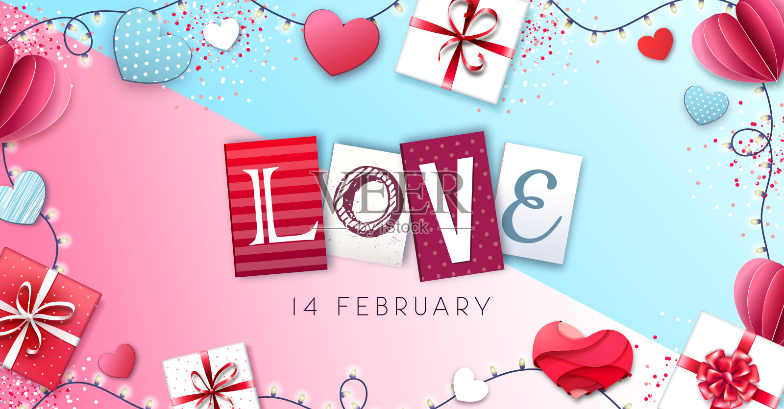 快乐的情人节背景与爱心和礼盒。设计模板素材