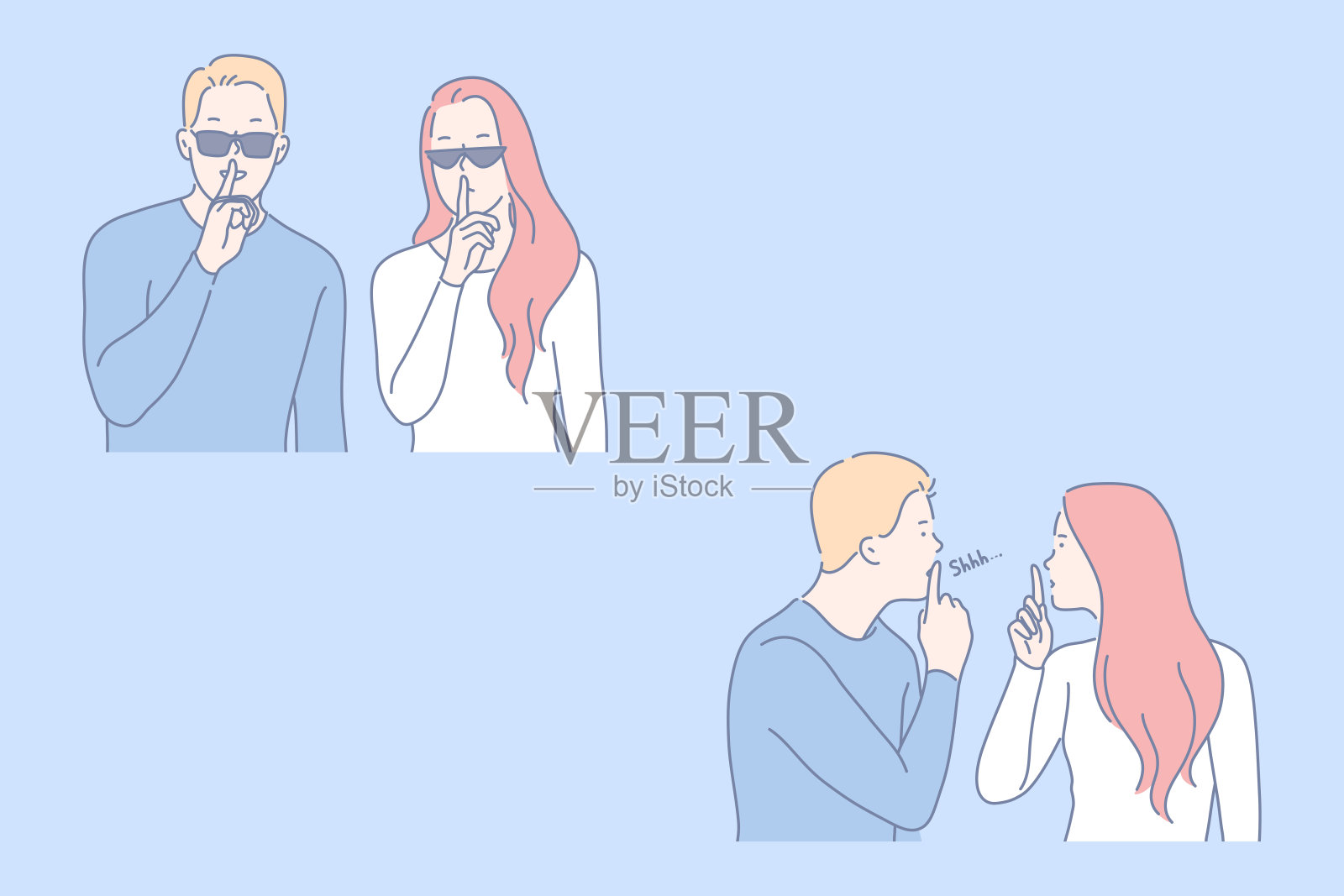 年轻情侣保持沉默，沉默手势概念插画图片素材