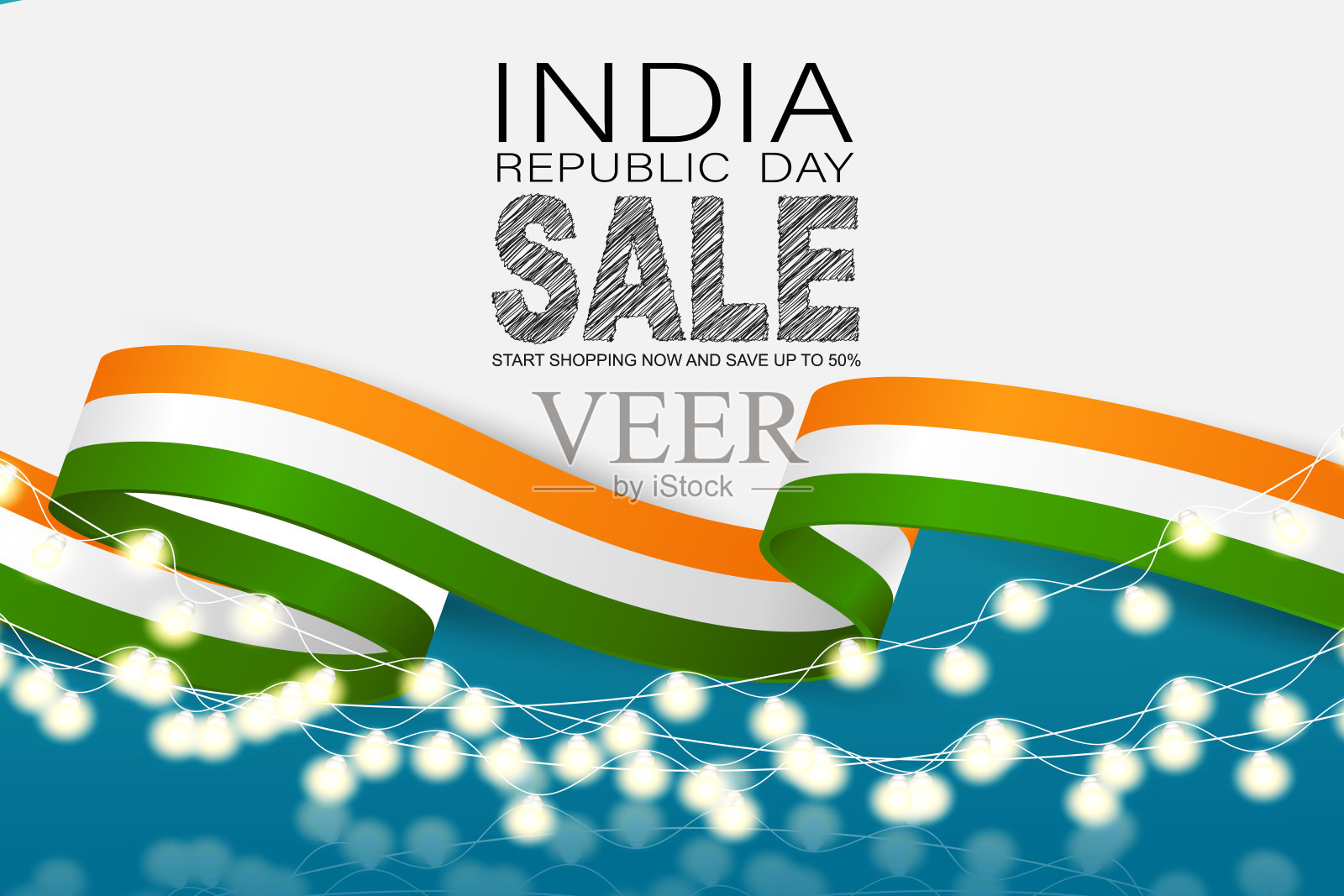 印度共和国日背景。国家印度节日设计理念与白色，橙色，和绿色旗色缎带和花环灯。矢量插图。设计模板素材