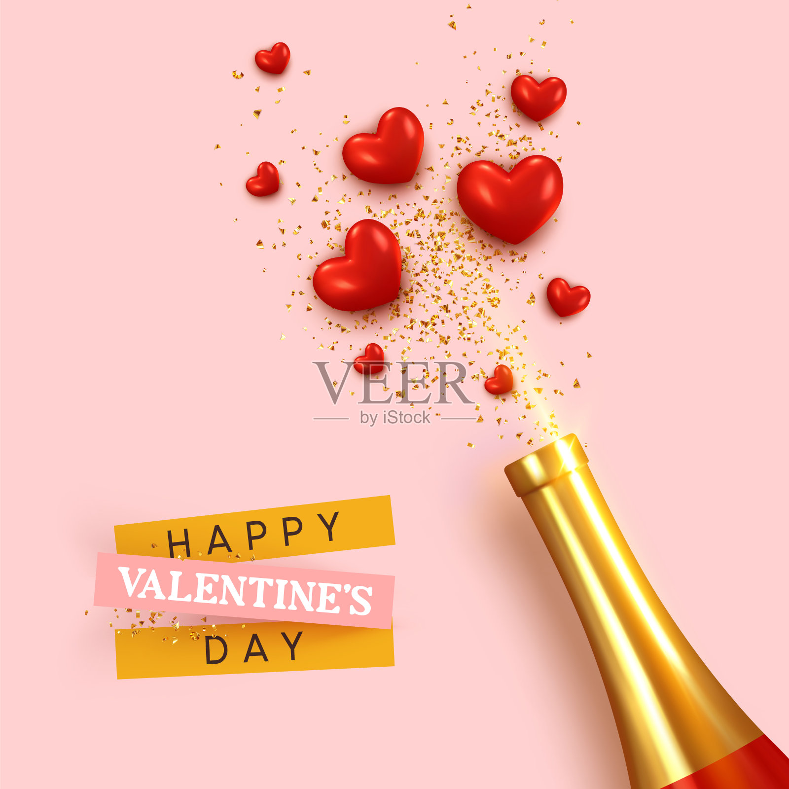 情人节快乐。浪漫的设计，现实的酒瓶香槟酒，爆炸与红色的心和闪闪发光的金色纸屑。节日礼品卡，优雅的派对请柬。横幅、web海报插画图片素材
