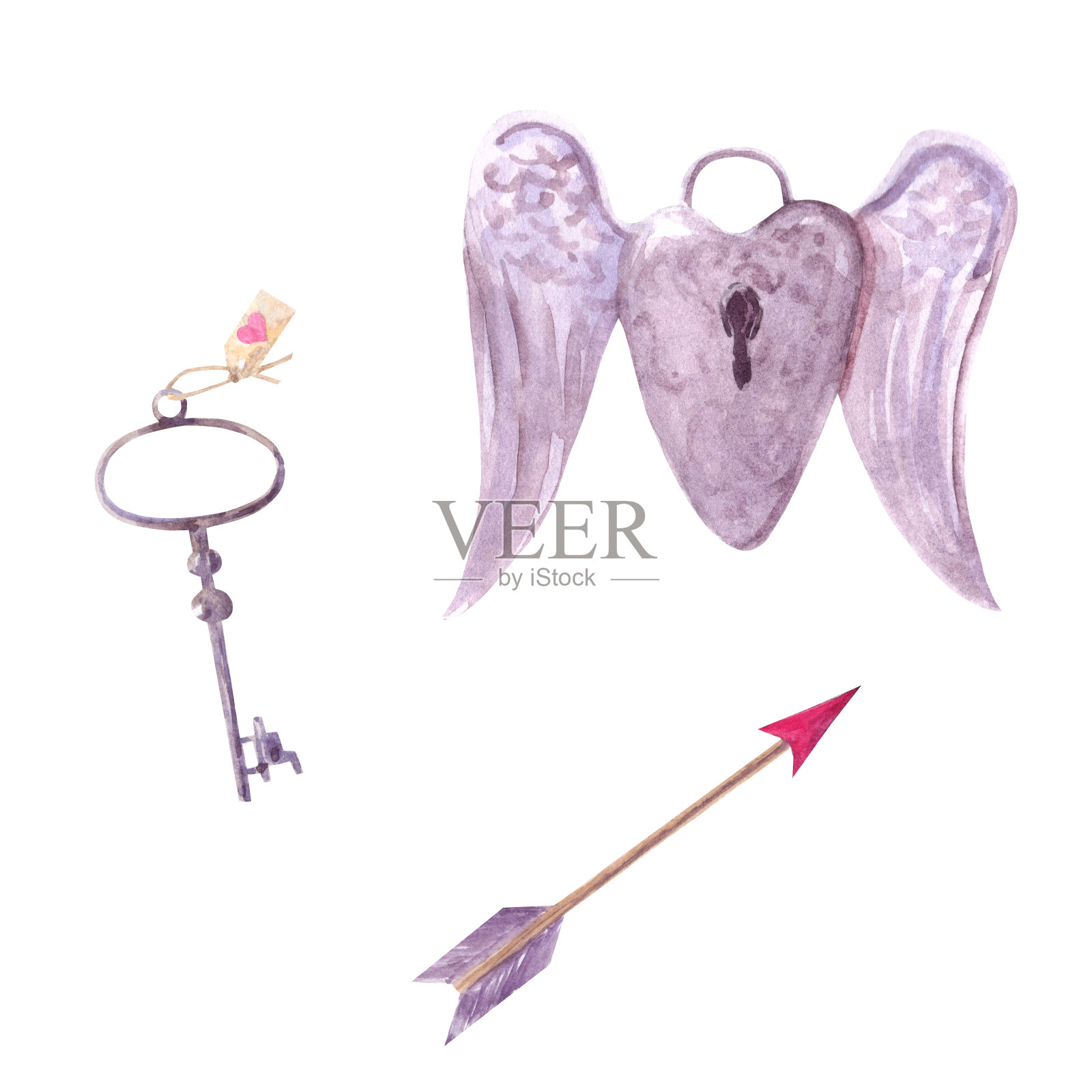 情人节钥匙和心形锁水彩套装插画图片素材