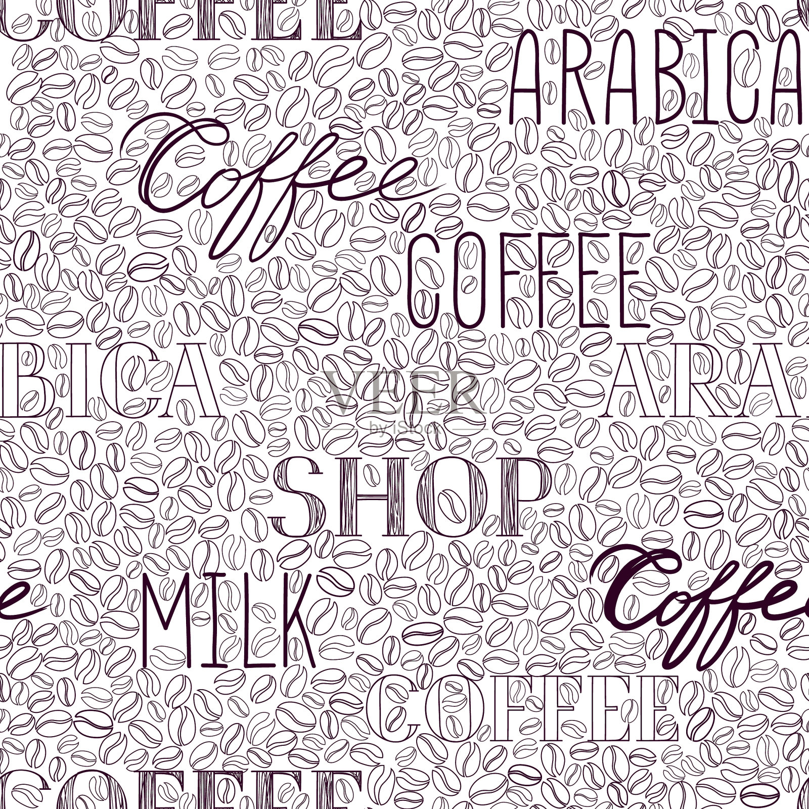 咖啡无缝模式。咖啡豆和字母咖啡瓷砖背景插画图片素材