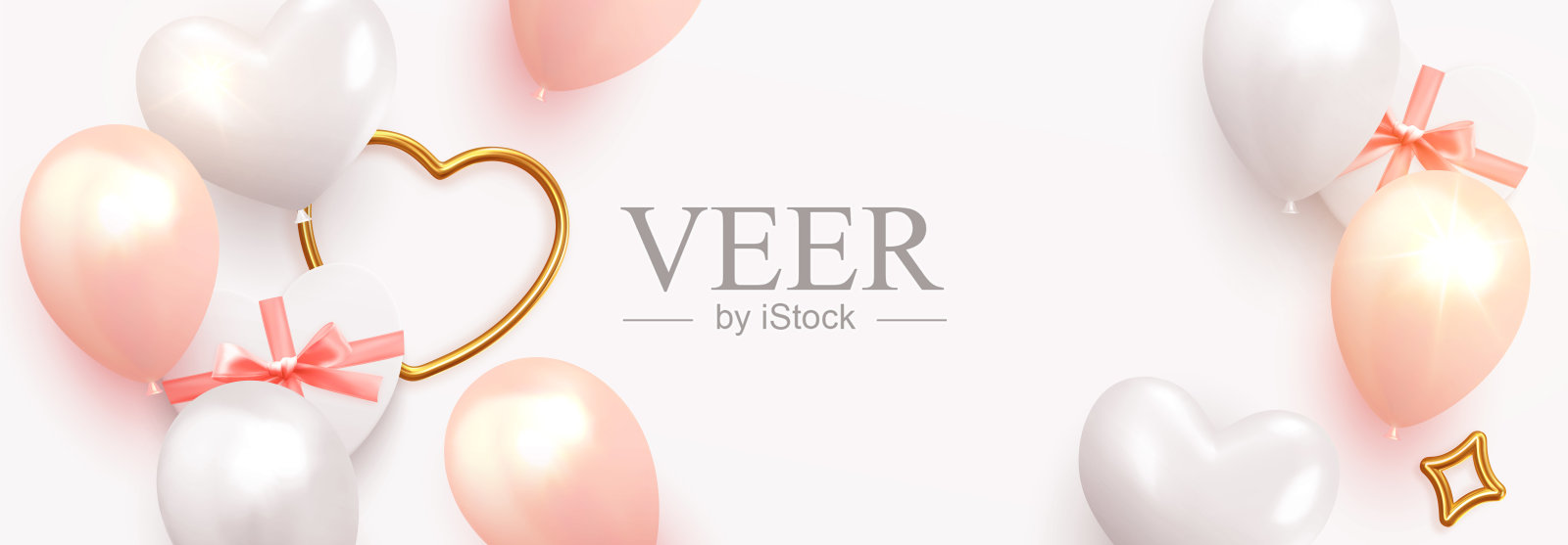 情人节banner：礼品盒、心形气球节日背景设计，横版海报、贺卡、网站页眉扁平俯视图插画图片素材