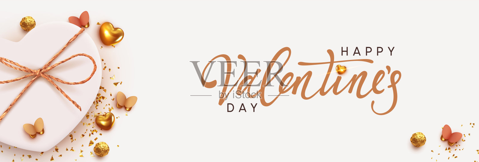 情人节横幅。背景与现实礼盒。浪漫的礼物。白色盒子与麻花缎带蝴蝶结，礼物惊喜。金色3d心形，金色五彩纸屑装饰飞舞的蝴蝶设计模板素材