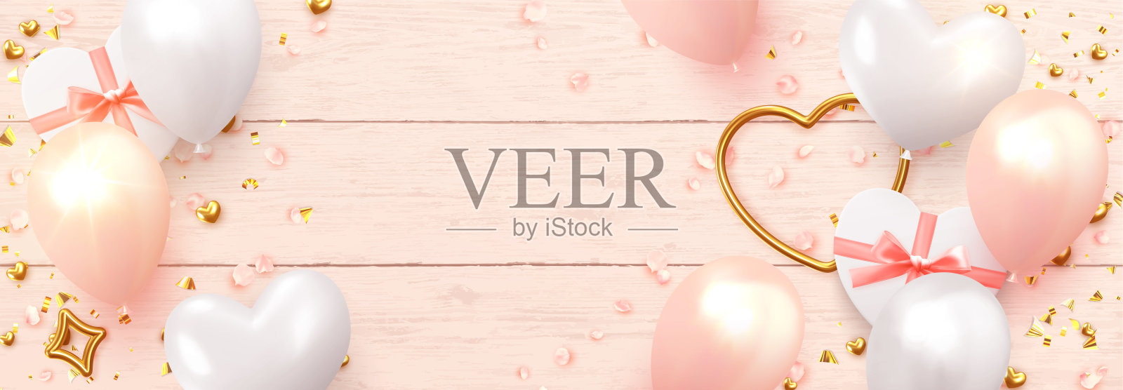 情人节banner：礼品盒、心形气球节日背景设计，横版海报、贺卡、网站页眉扁平俯视图插画图片素材