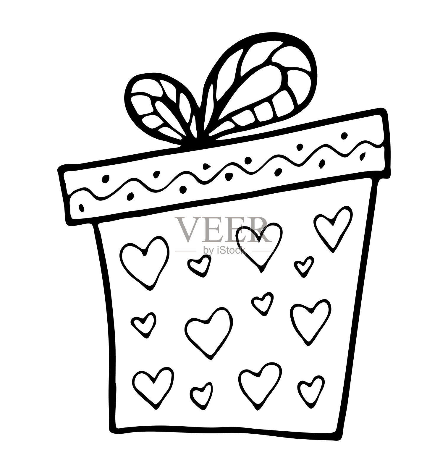 黑白礼盒和心形涂鸦风格孤立在白色背景。插画图片素材