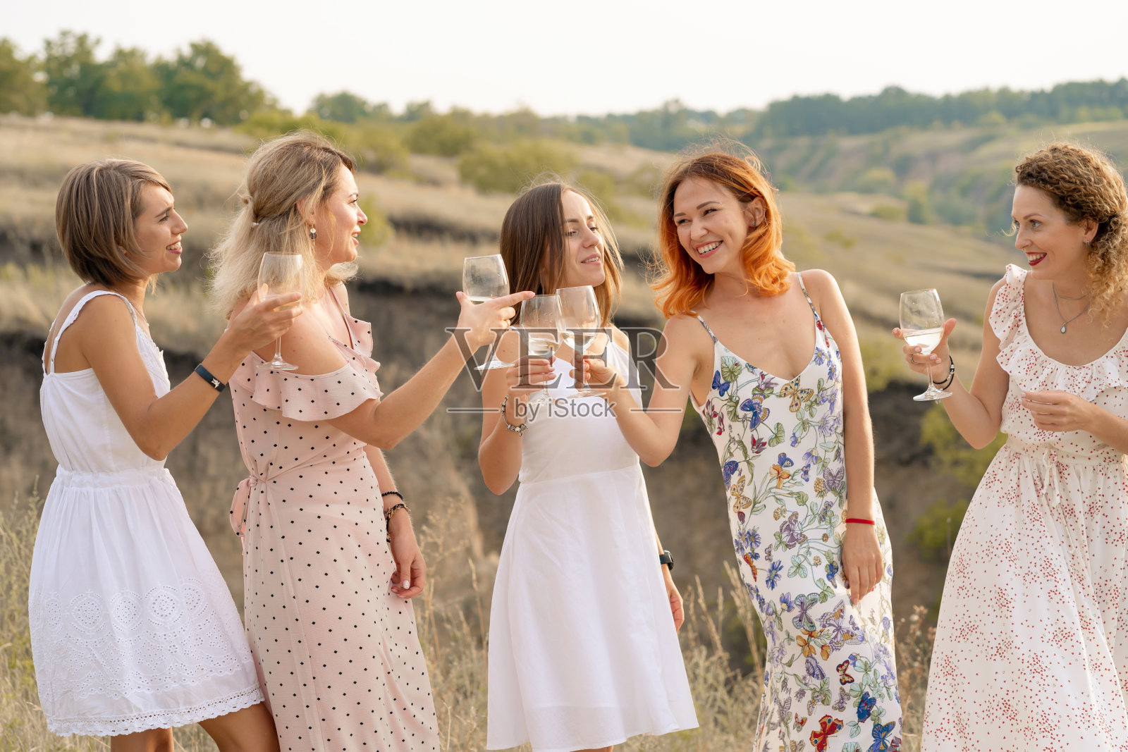 和女性朋友一起享受夏日野餐，举杯畅饮照片摄影图片