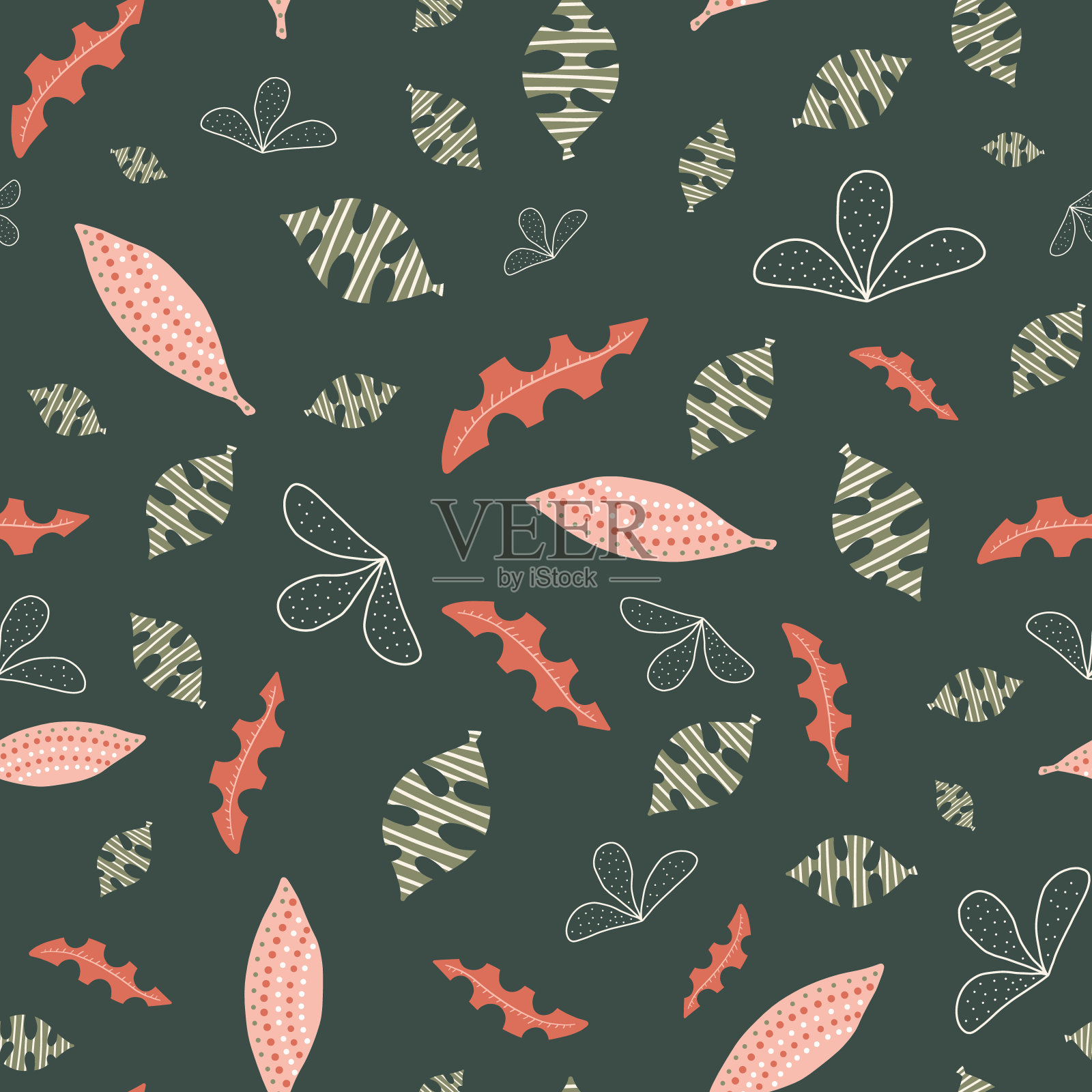 摘要叶绿、白、粉、橙无缝矢量背景。手绘叶片自然图案。重复树叶背景。用于织物、表面图案设计、墙纸、包装插画图片素材