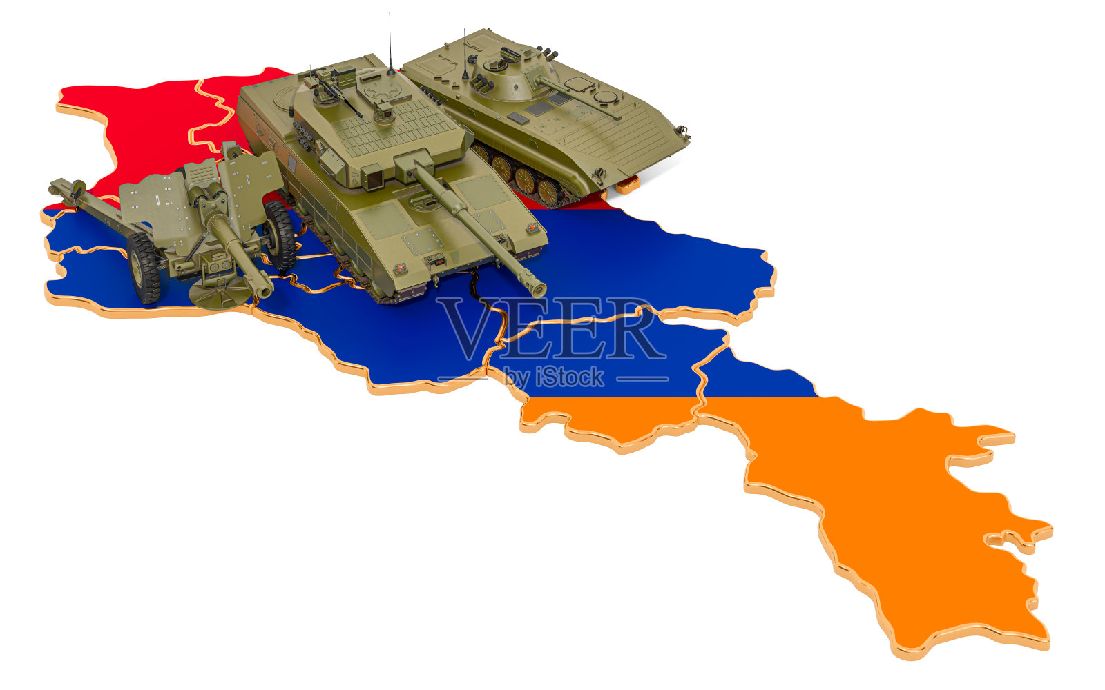 亚美尼亚地图上的战斗车辆。亚美尼亚军事防御概念，3D渲染孤立的白色背景照片摄影图片