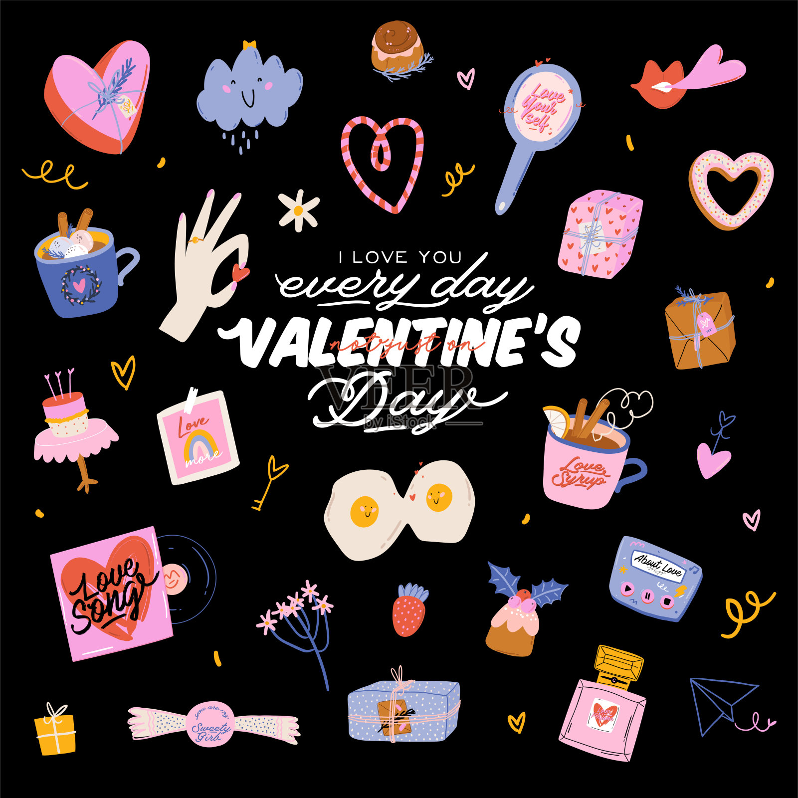 美丽的爱情印花与情人节的元素。插画图片素材