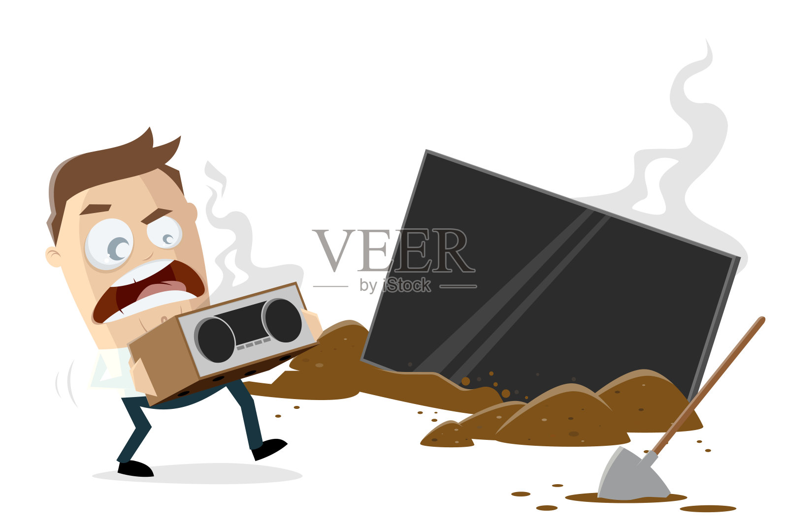 有趣的卡通插图，一个人处理他的电子设备插画图片素材