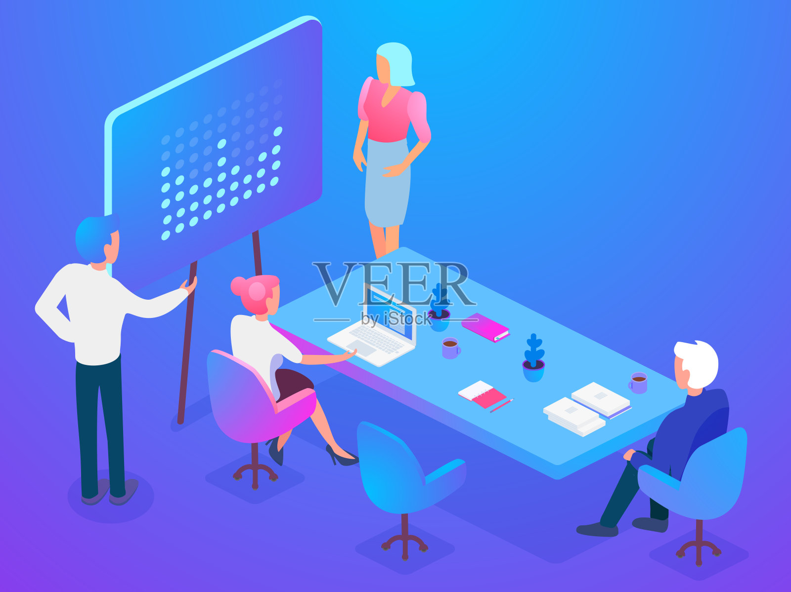 在办公室一起做项目的同时参加商业演示的等长同事。插画图片素材