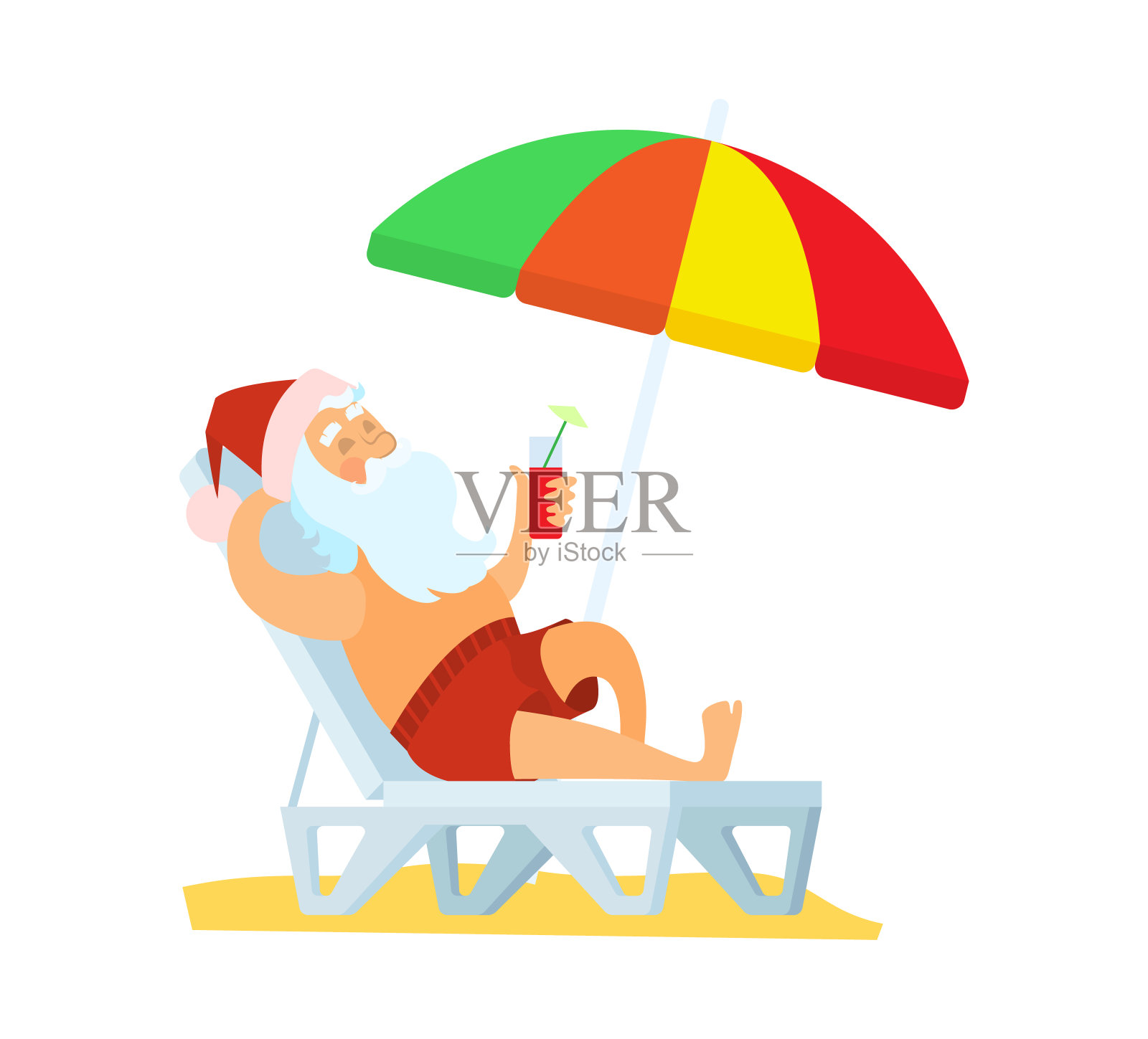 圣诞老人躺在太阳床下伞向量插画图片素材