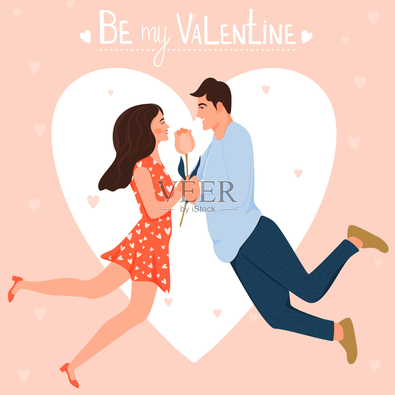 情人节贺卡与幸福的情侣。男人给女人一朵花。插画图片素材