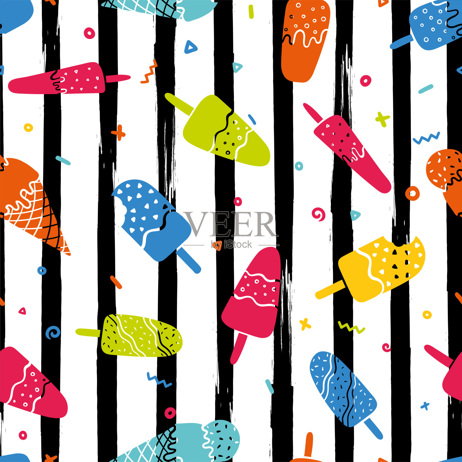有趣的手绘冰淇淋无缝图案，涂鸦冰棒背景，夏季主题织物，横幅，壁纸，包装矢量设计插画图片素材