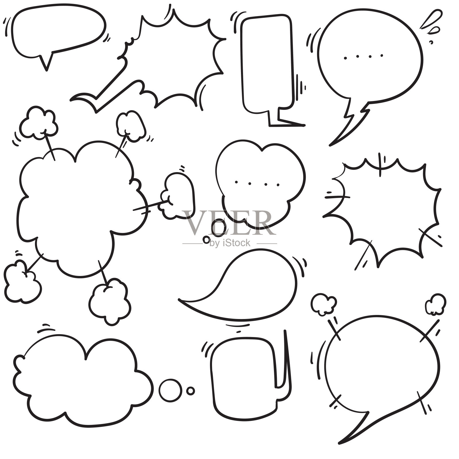 一组手绘语音气泡与半色调阴影。矢量插图。孤立的背景插画图片素材