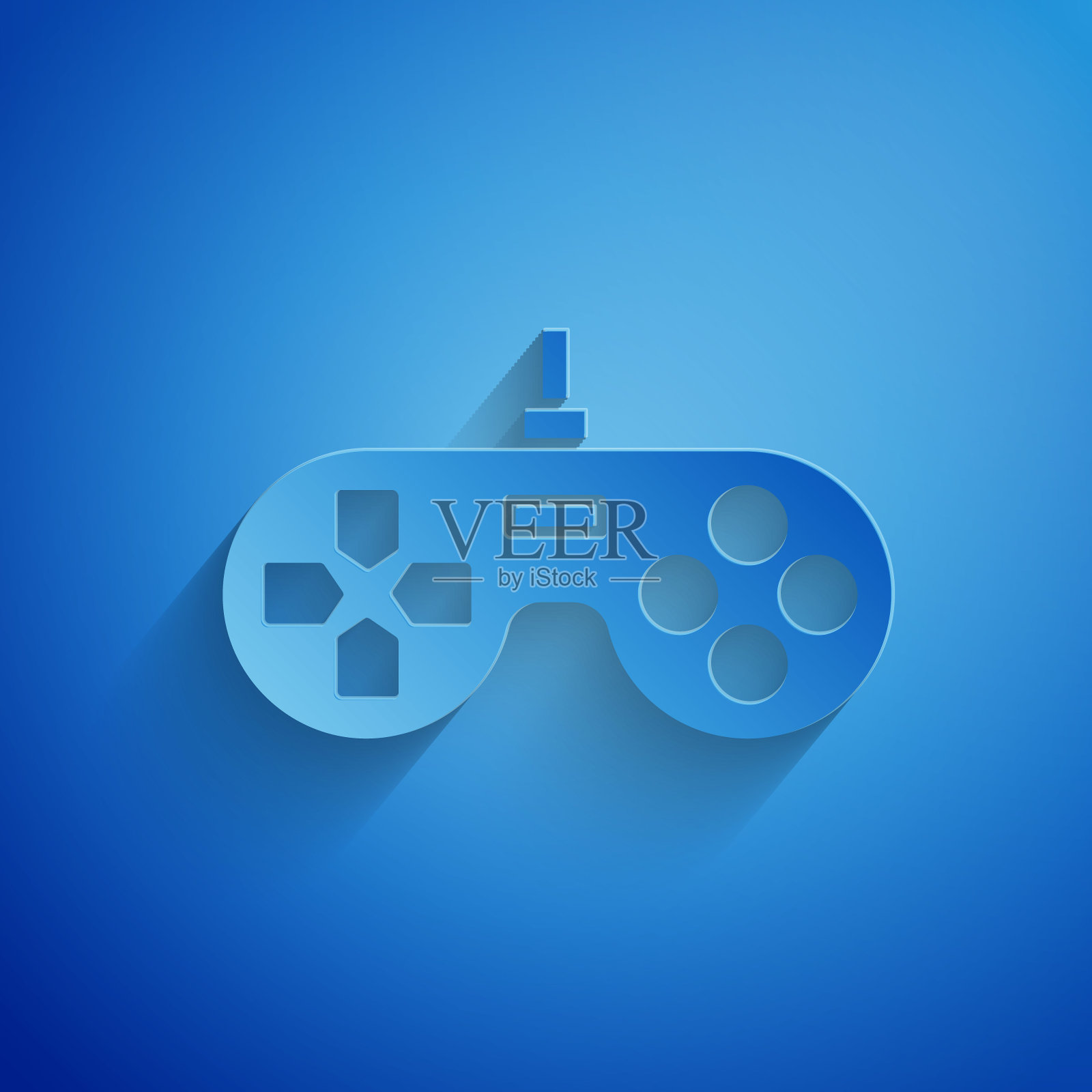 剪纸游戏手柄图标孤立在蓝色背景。游戏控制器。纸艺术风格。矢量图插画图片素材