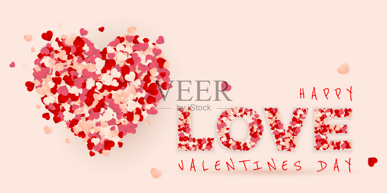 情人节快乐的背景，纸上有红色、粉色和白橙色的心形五彩纸屑。矢量图插画图片素材