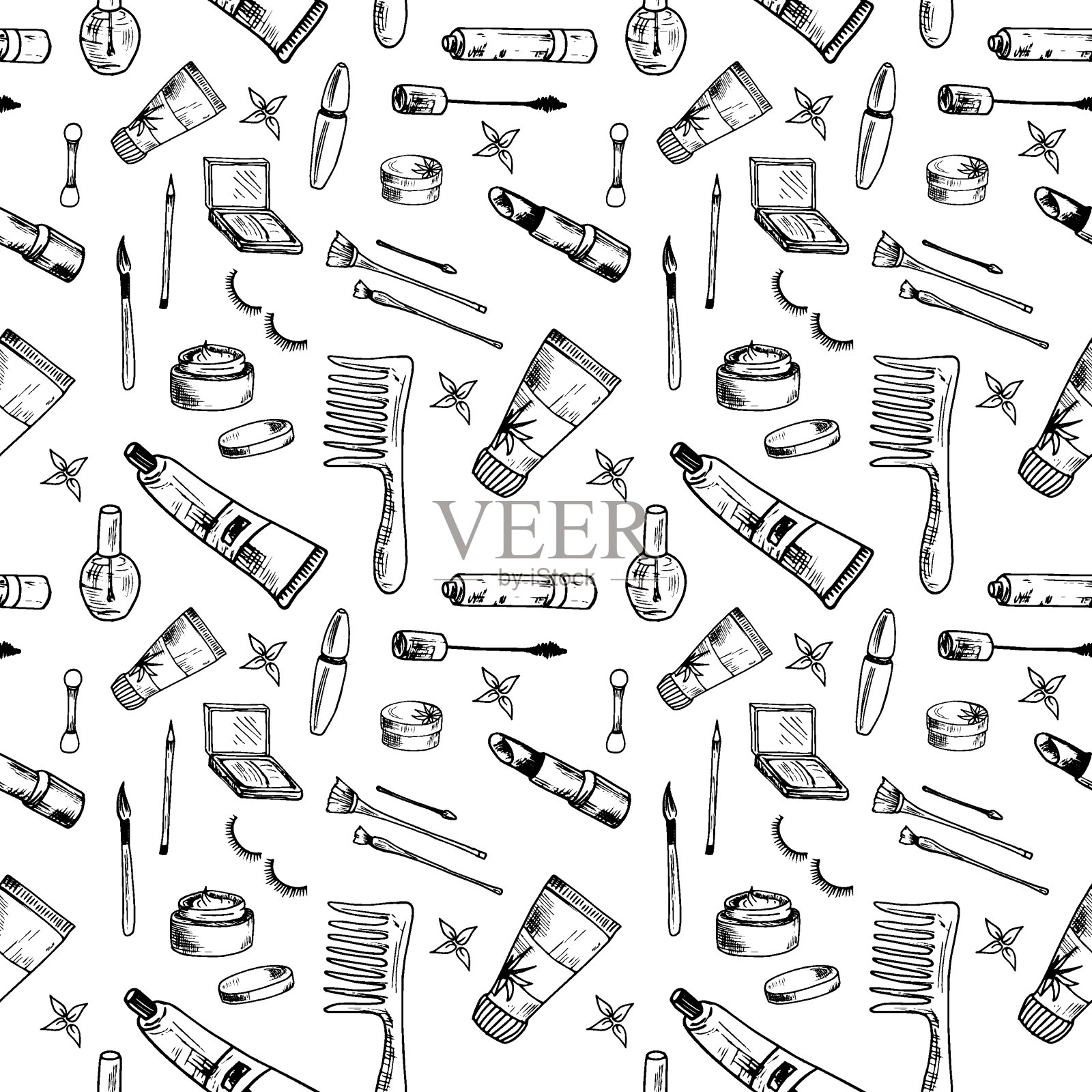 美丽的模式。手绘美容，化妆和化妆品图标和对象。无缝的向量的背景。草图设计元素。孤立的矢量插图上的白色背景。插画图片素材