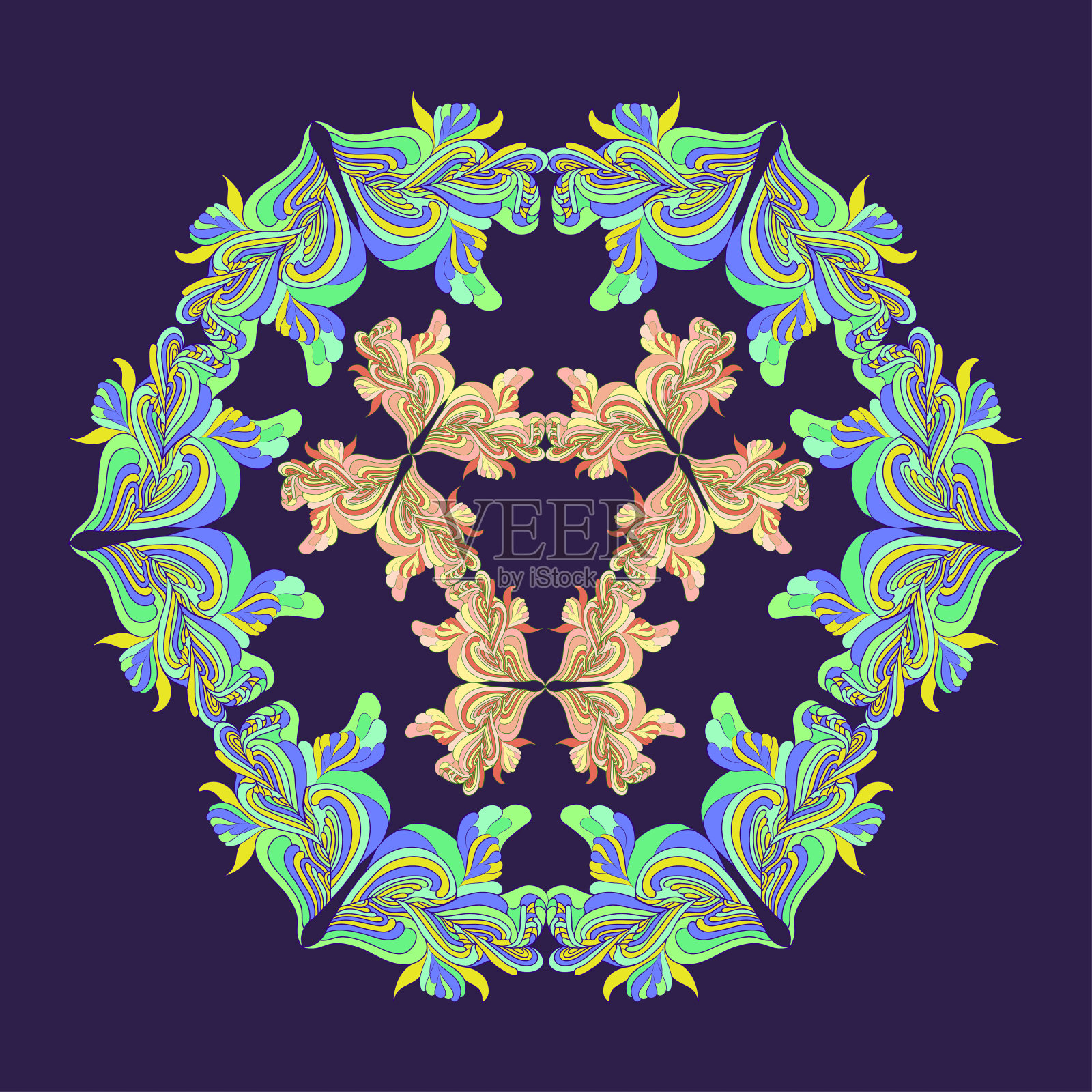 点缀多色涂鸦曼荼罗。古典装饰元素。手绘背景。插画图片素材