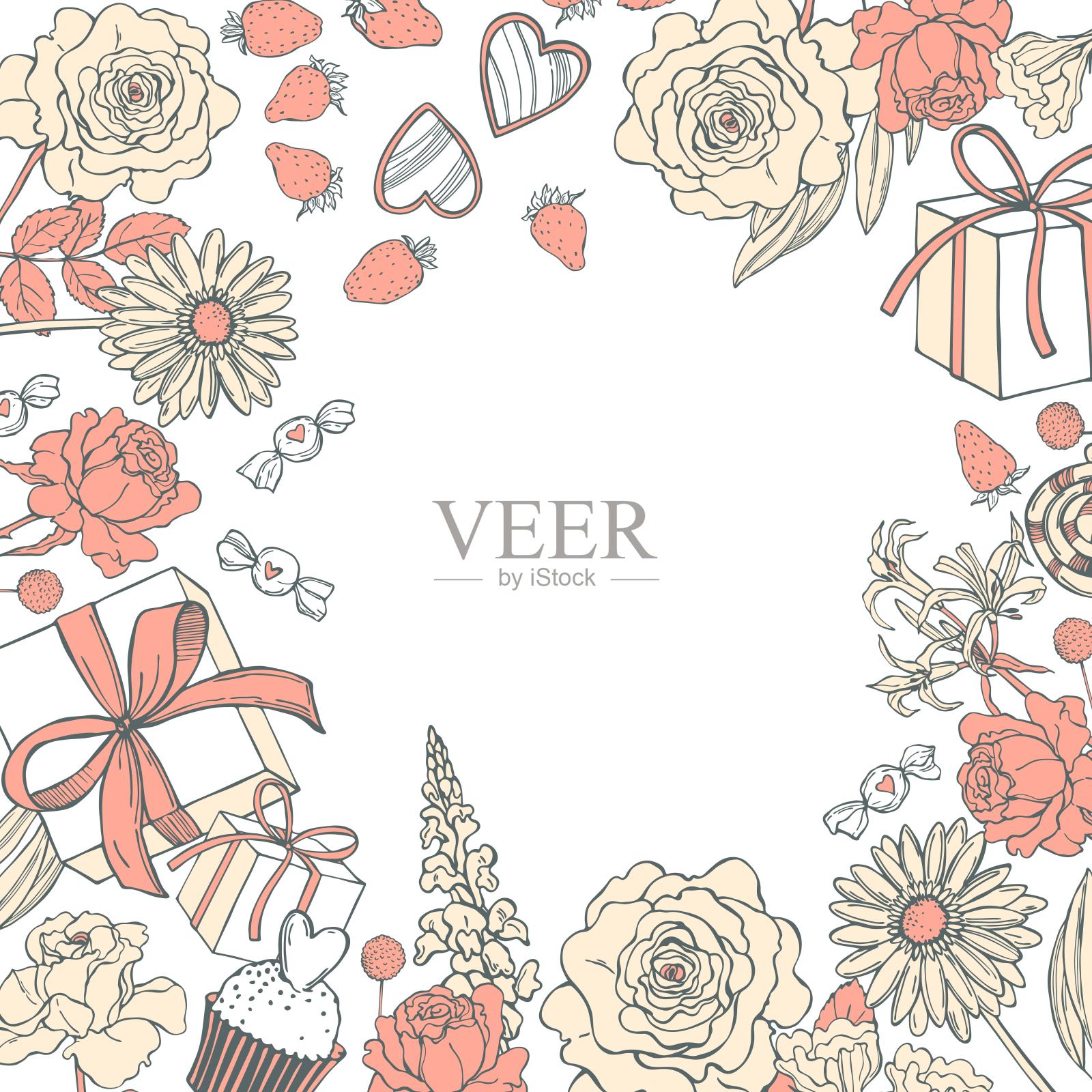 情人节的鲜花和礼物背景。插画图片素材