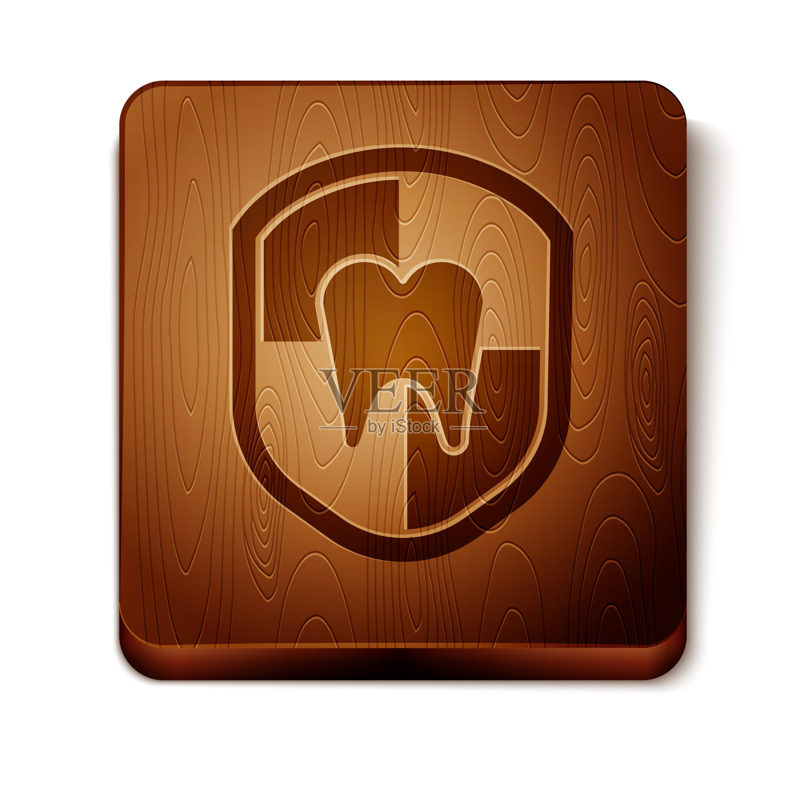 棕色牙齿保护图标孤立在白色背景上。盾徽上的牙齿。木制方形按钮。矢量图图标素材