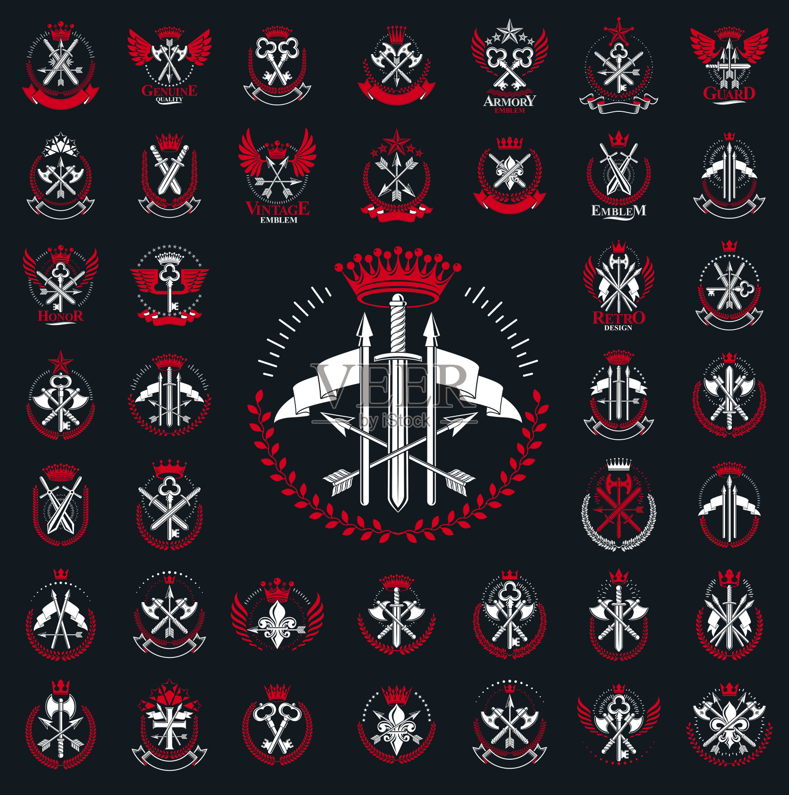 武器标志大向量集，复古纹章军事标志收集，经典风格纹章设计元素，古代刀矛和斧头符号。插画图片素材