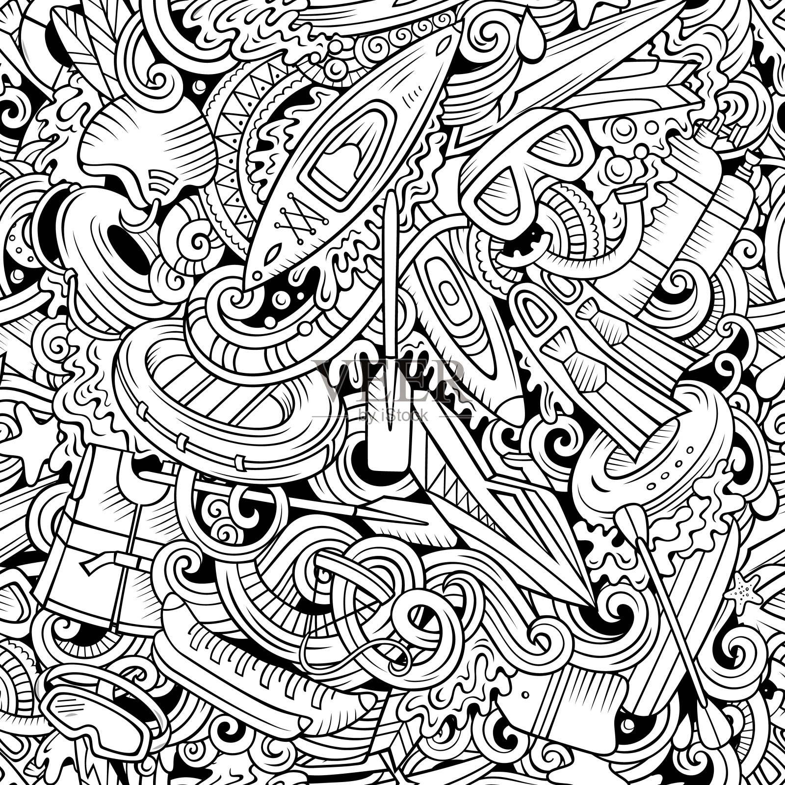 卡通可爱涂鸦手绘水极限运动无缝图案。插画图片素材