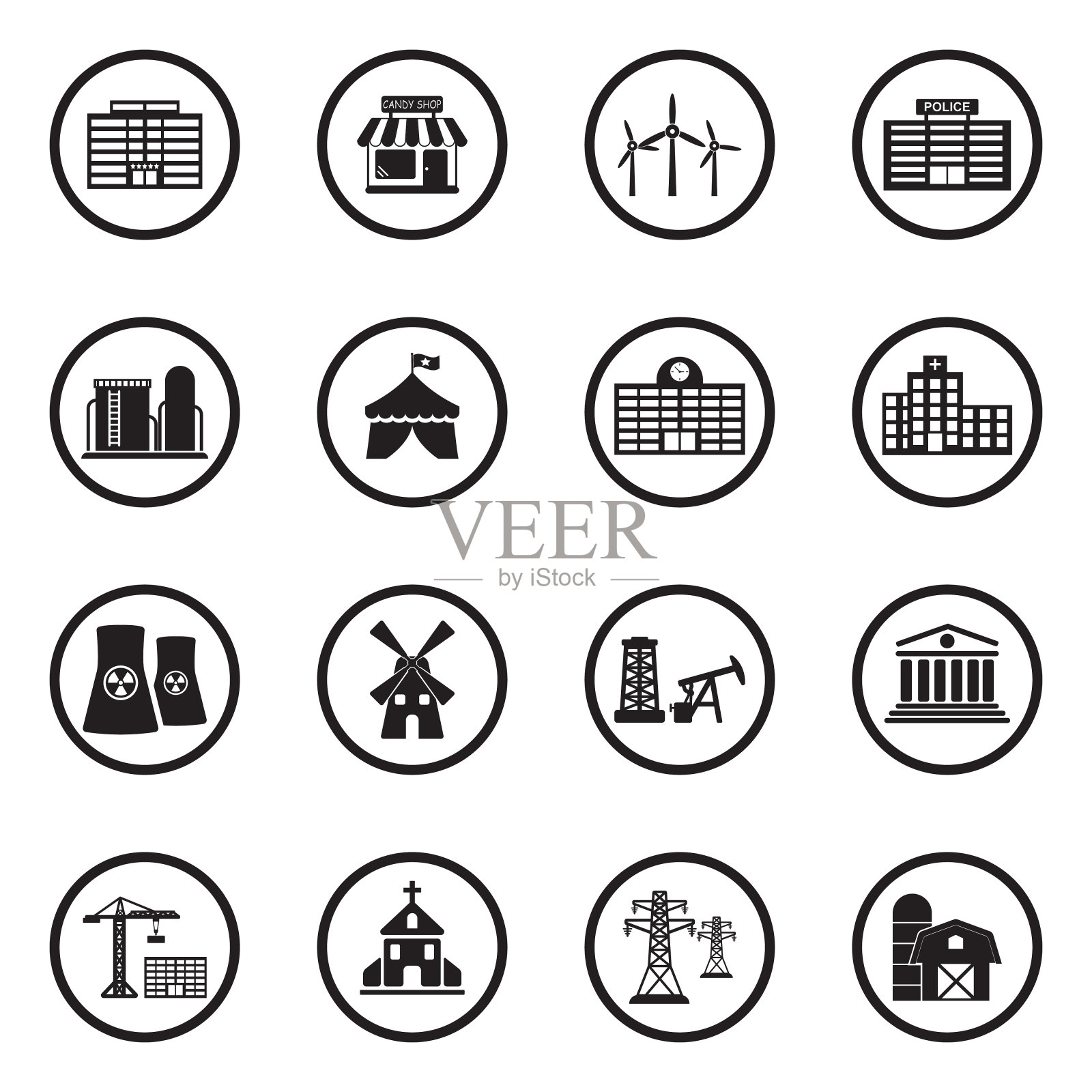 建筑图标。组2。圆形的黑色平面设计。矢量插图。设计元素图片