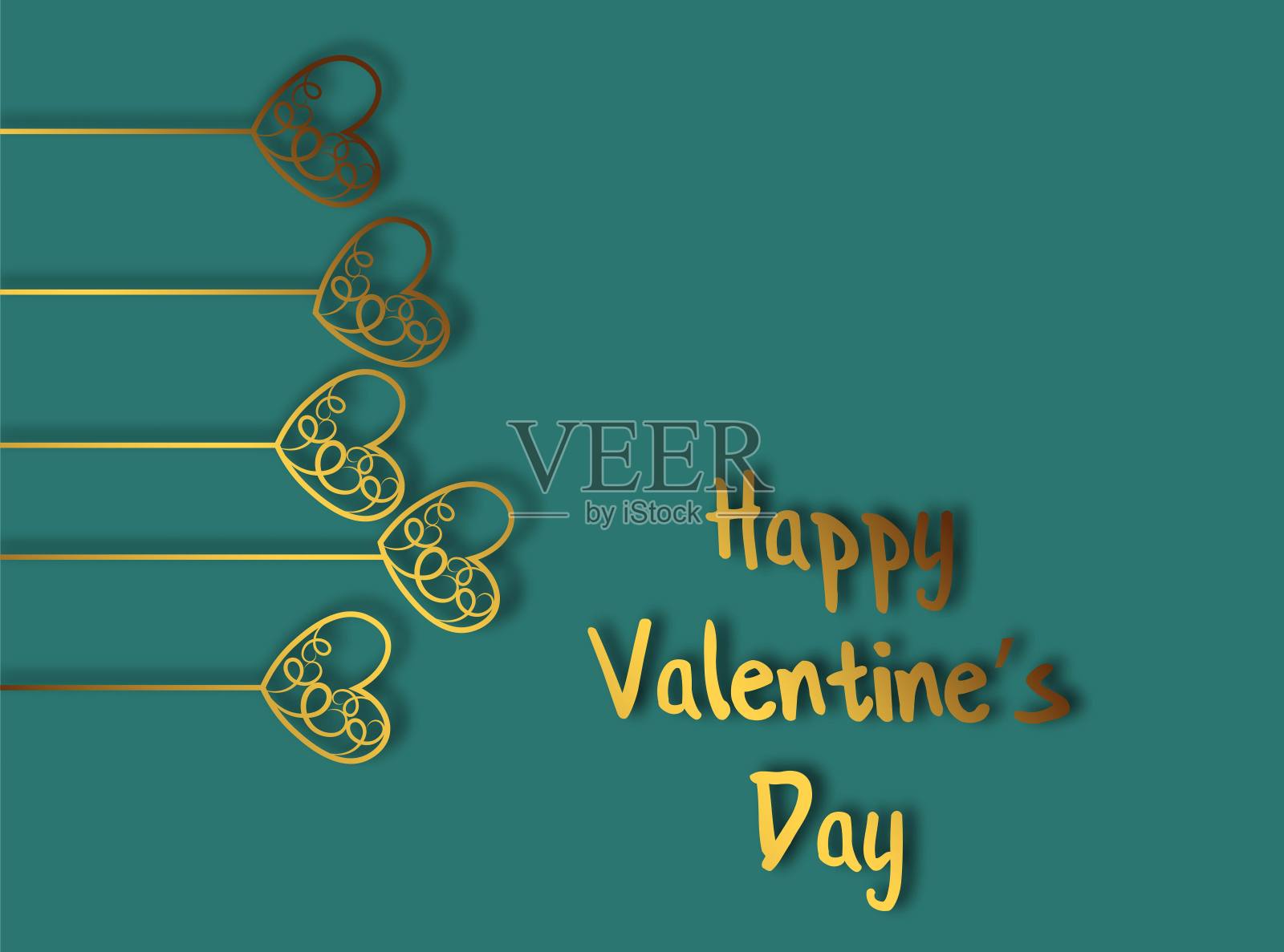 装饰设计的黄金之心。情人节的背景。美丽的抽象形象与心的金色在绿色的背景庆祝装饰设计插画图片素材