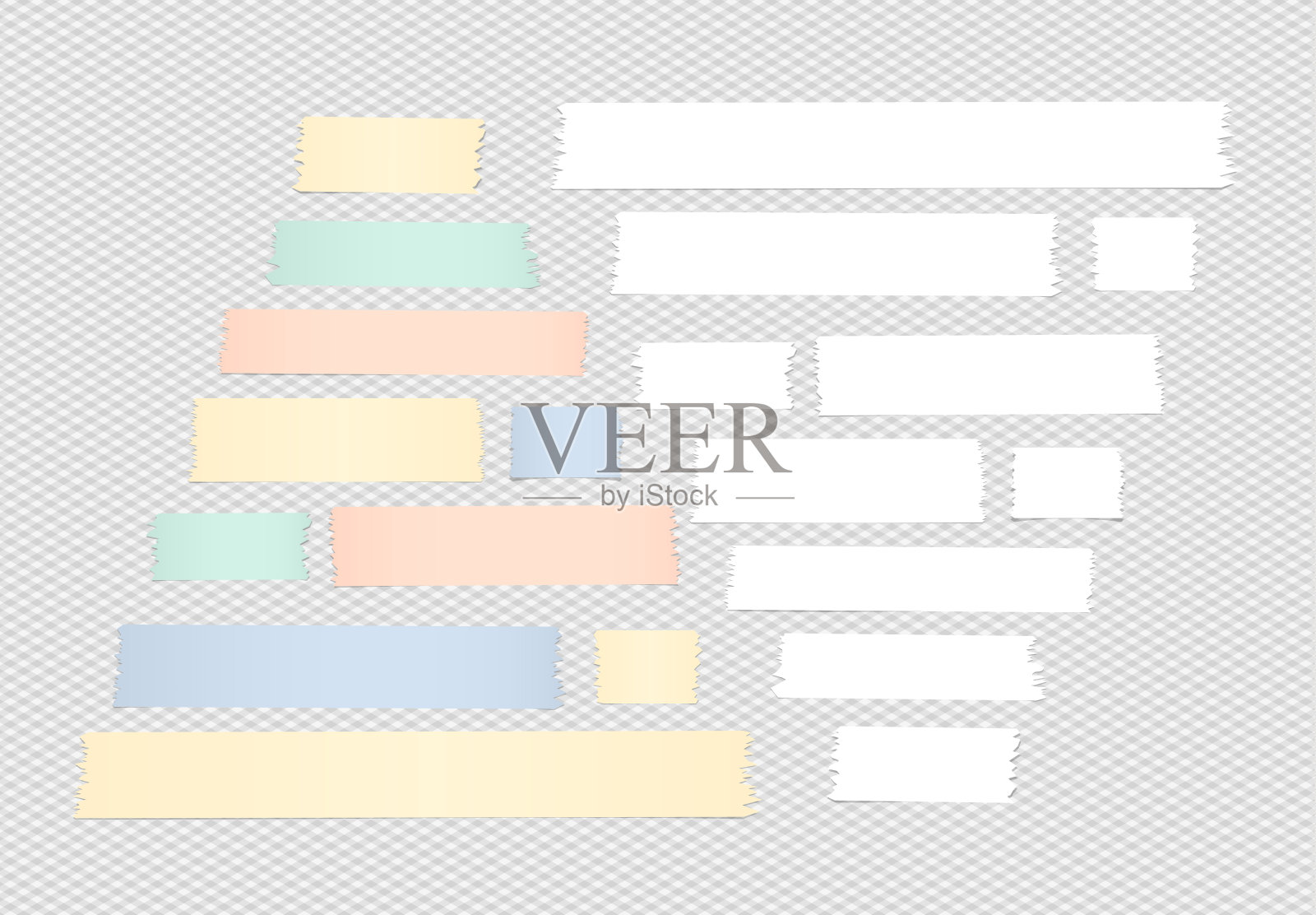 彩色和白色的金字塔形状，不同大小的胶粘剂，胶带，纸片上的方形背景插画图片素材