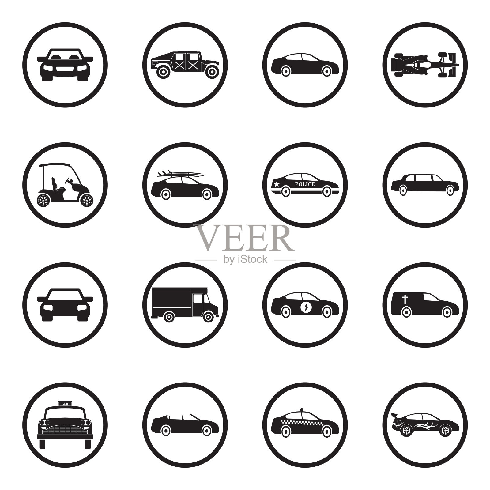 汽车图标。圆形的黑色平面设计。矢量插图。设计元素图片