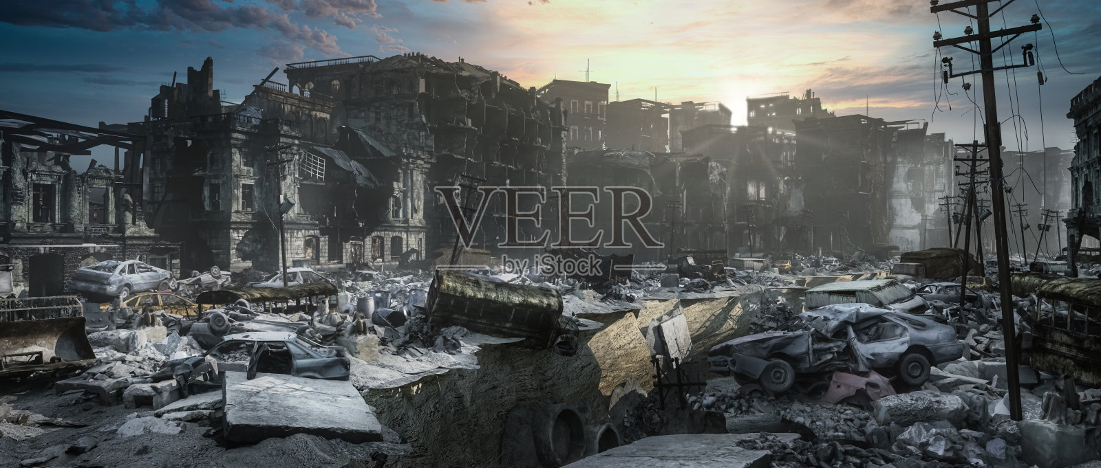 末日幸存者概念，城市废墟。世界末日景观照片摄影图片