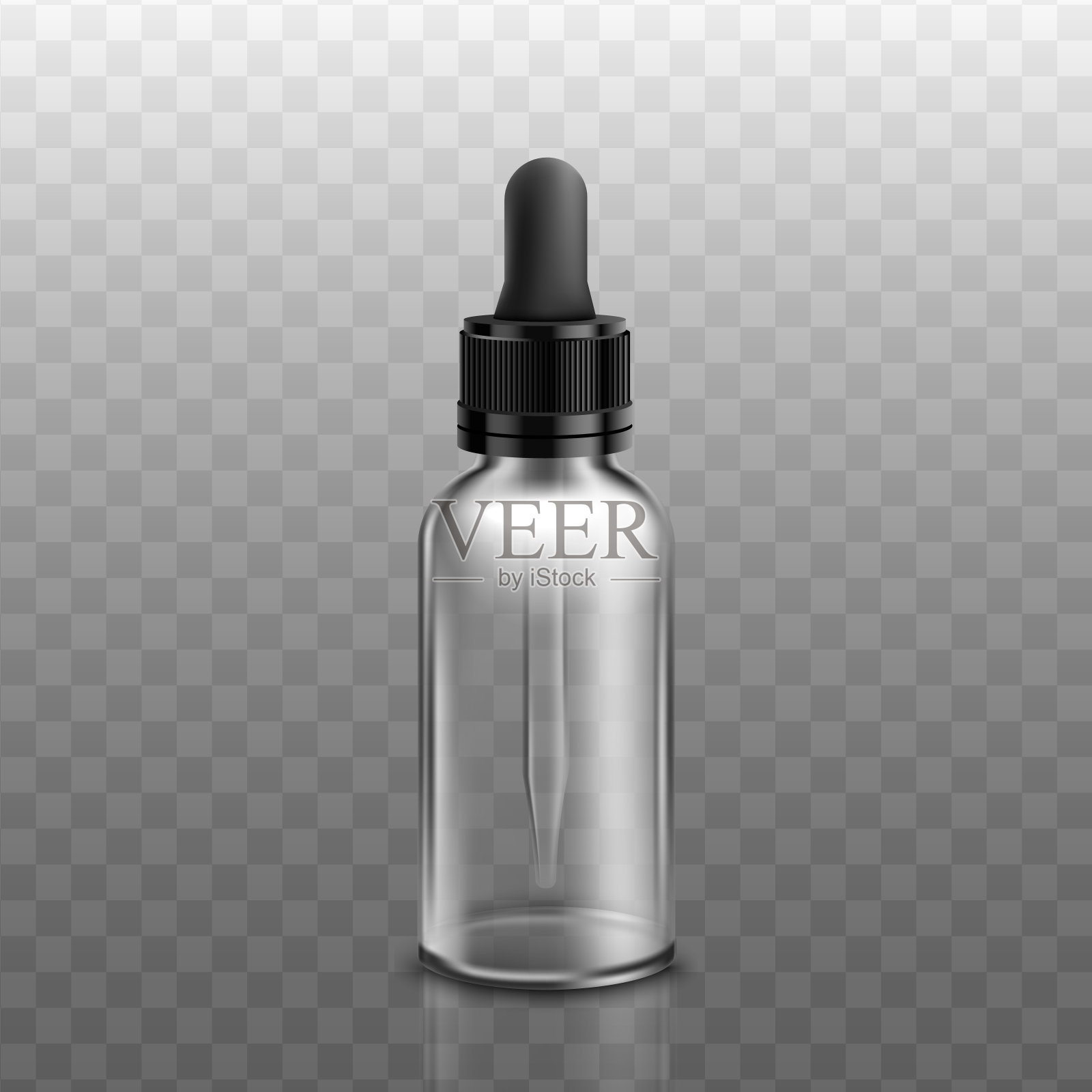 真实的玻璃滴管瓶模型与黑色帽-矢量插图。插画图片素材