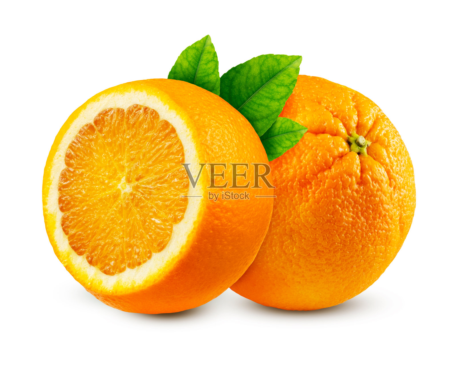 橙色果实和一半的橙色，叶子孤立在白色背景上照片摄影图片