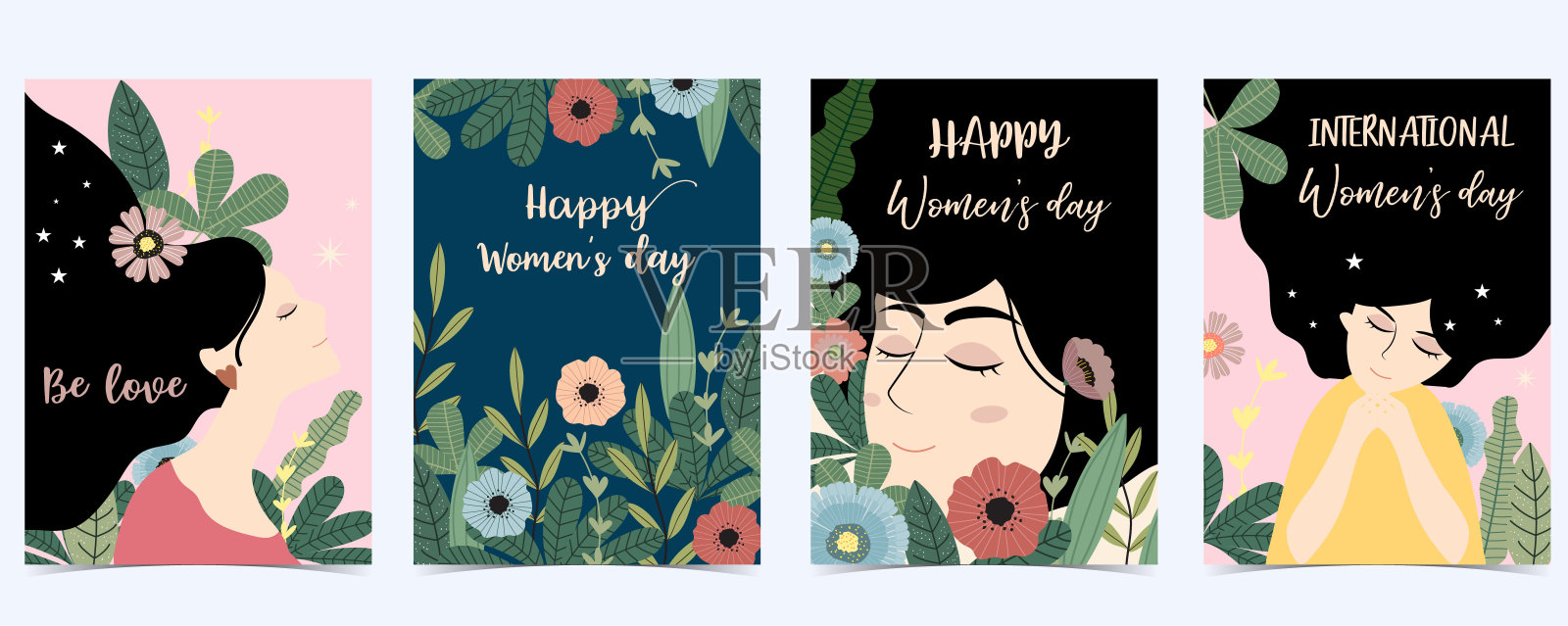 粉红色绿色蓝色国际妇女节快乐与女人，花和叶插画图片素材