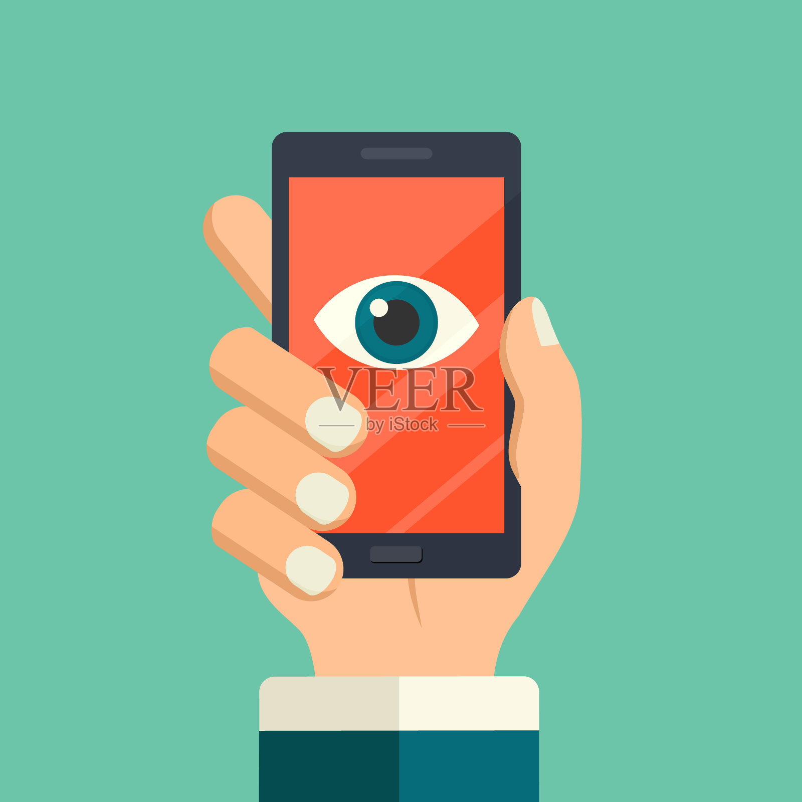 人脸识别，监控概念。手持智能手机看屏幕上的眼睛。带有眼睛图标的手机。现代平面设计，矢量插图。手机正在观察你的概念。插画图片素材