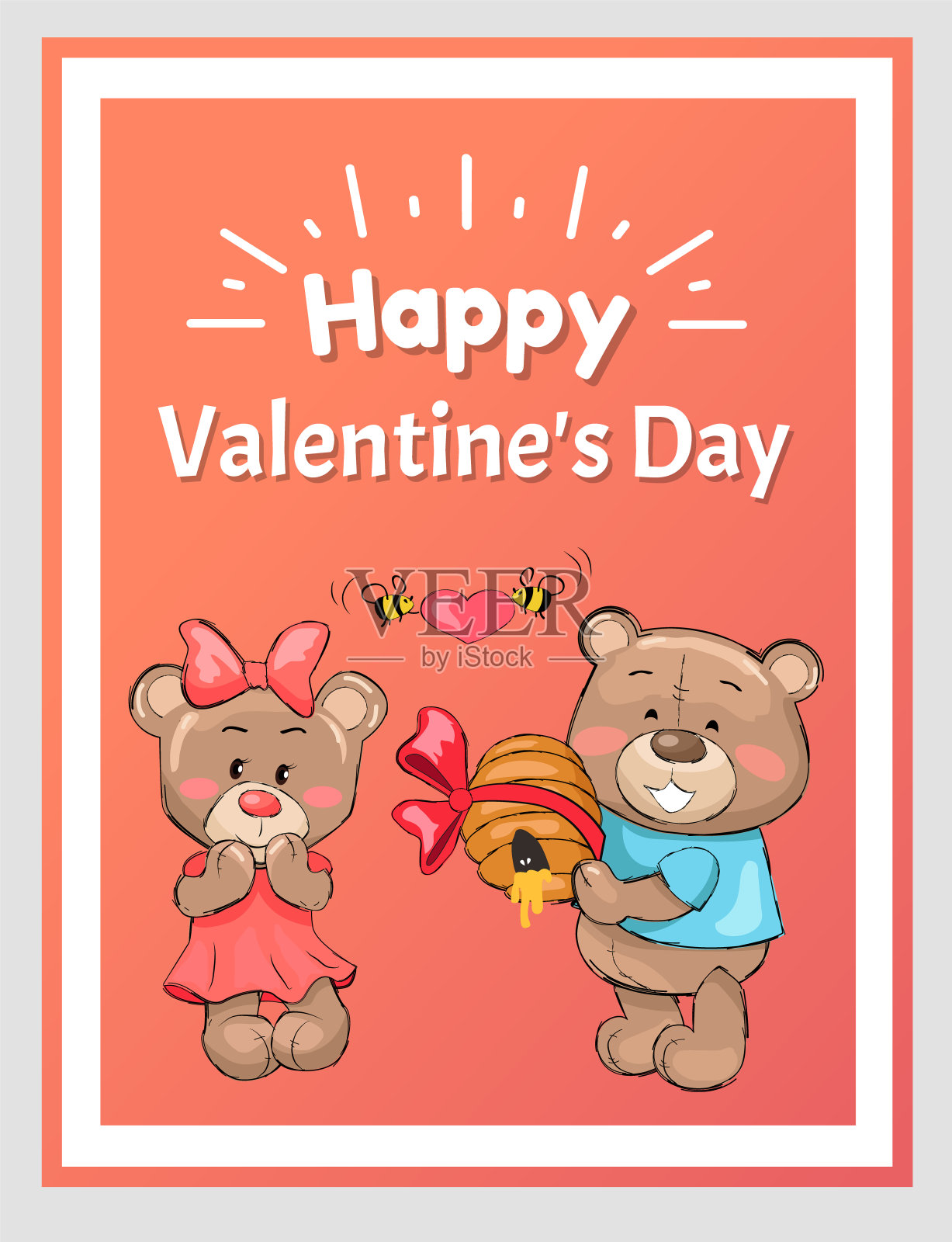 情人节快乐，雄性泰迪熊拥有蜂巢蜂蜜插画图片素材