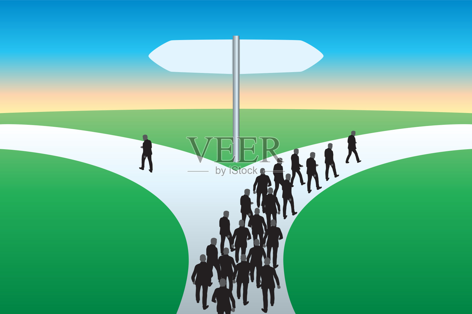 面对两个相反的方向，一个人会从自己的群体中分离出来，选择一条不同的道路。插画图片素材