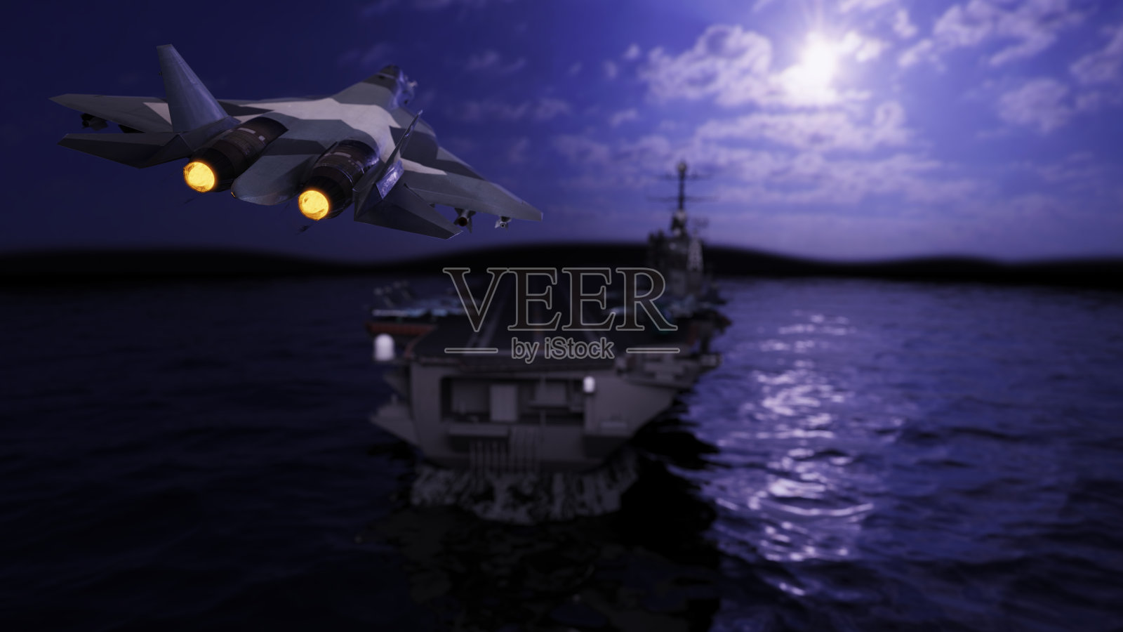 俄罗斯隐形战机在夜间降落到航空母舰上照片摄影图片