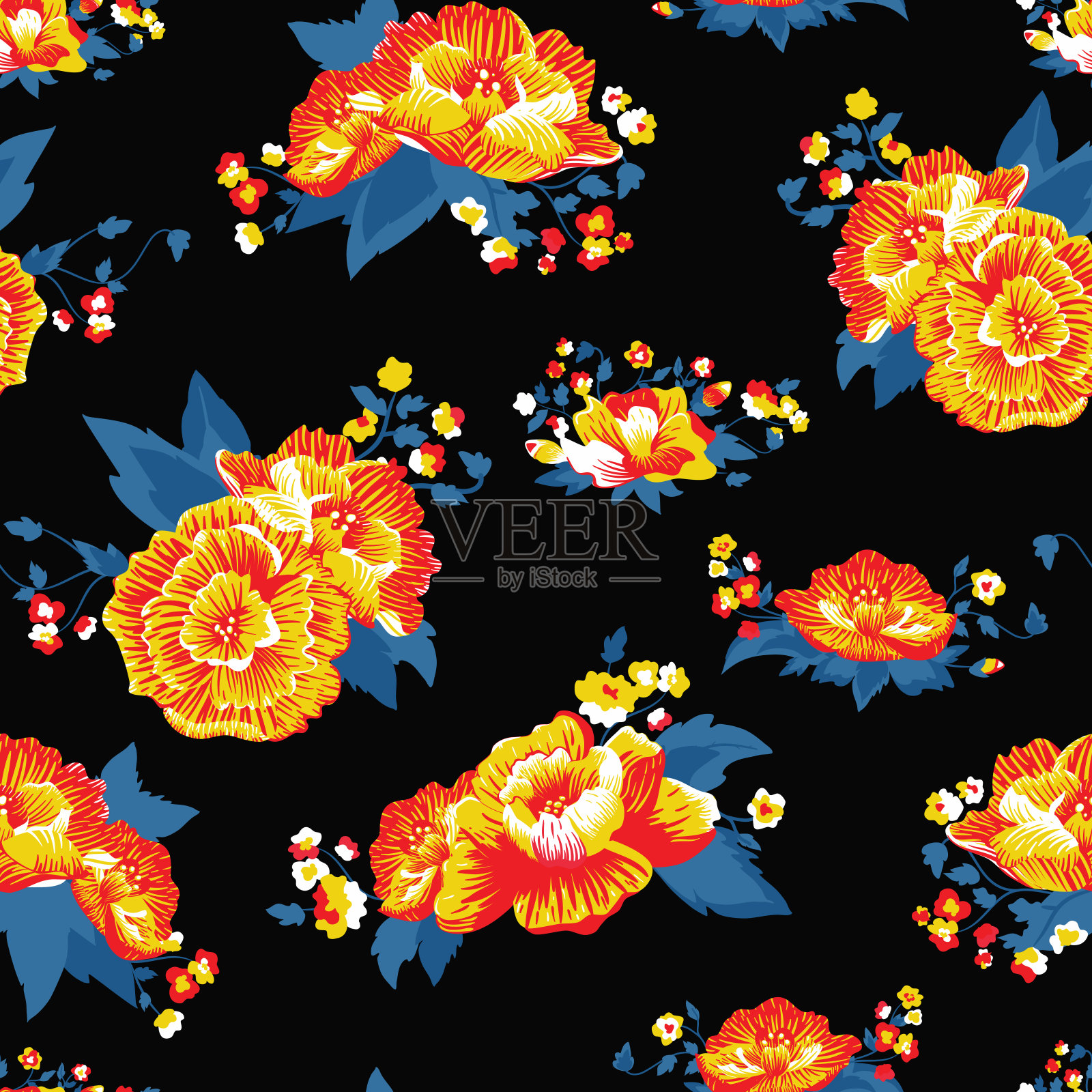 矢量生动多彩的民间玫瑰黑色无缝图案背景。插画图片素材