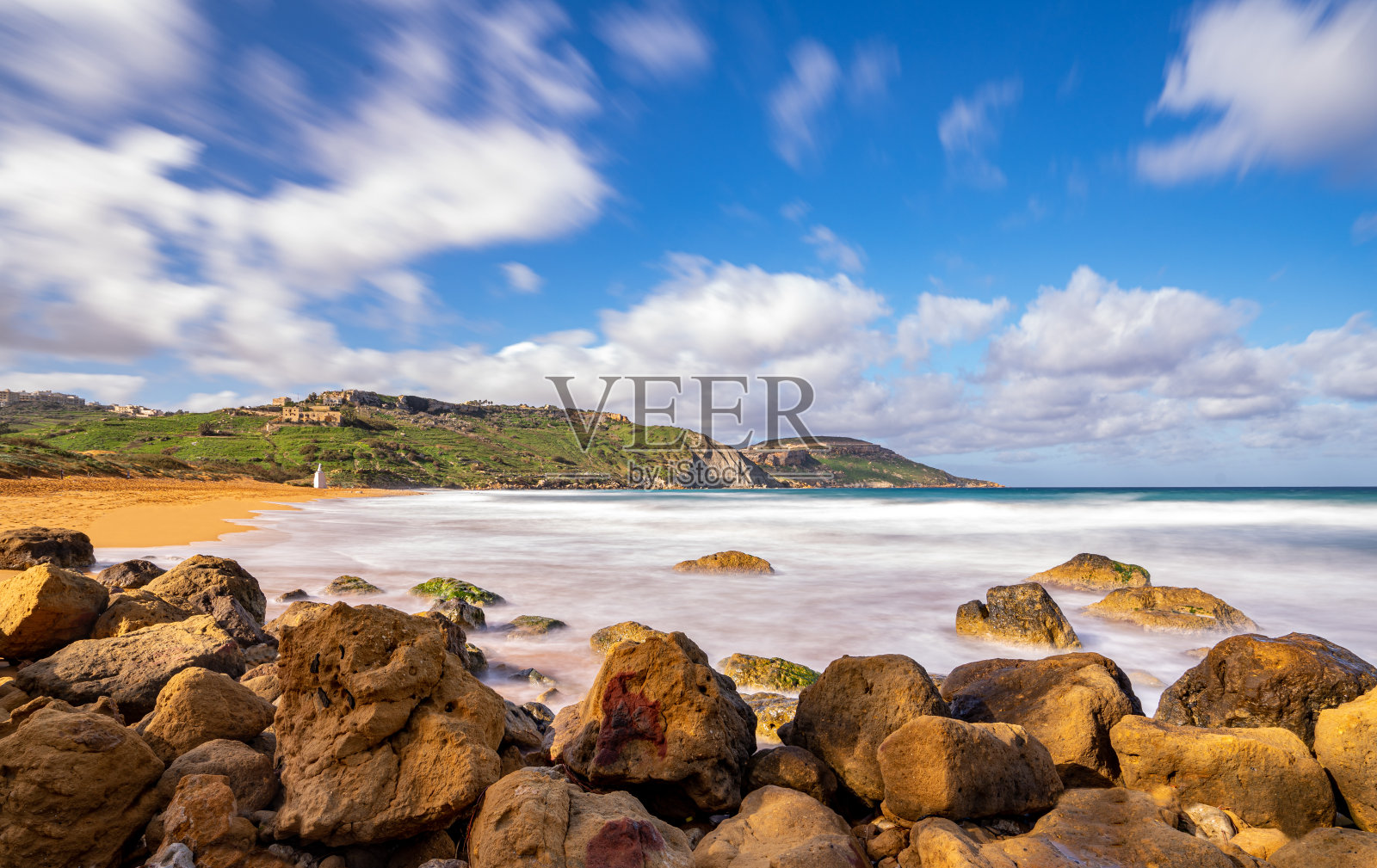 马耳他戈佐岛拉姆拉海滩长时间曝光照片摄影图片